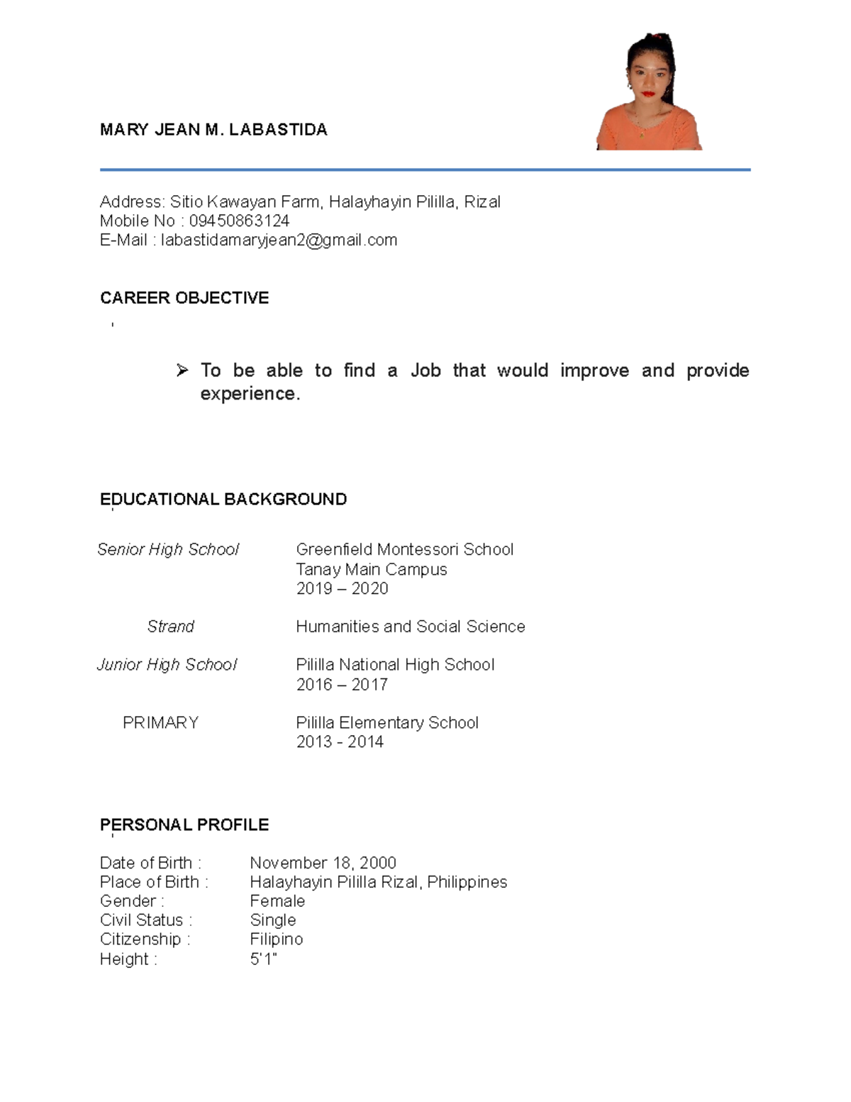 Resume MARY JEAN Labastida - MARY JEAN M. LABASTIDA Address: Sitio ...