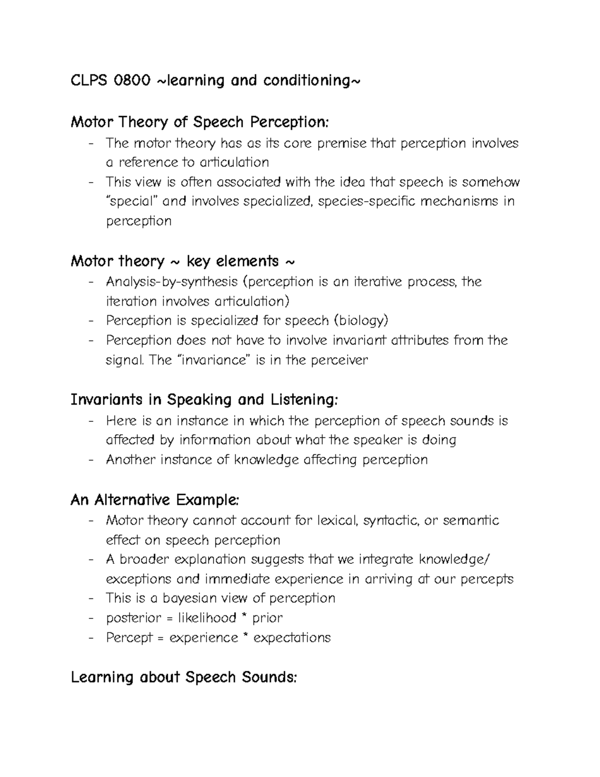 Clps 0800 lecture notes CLPS 0800 learning and conditioning Motor
