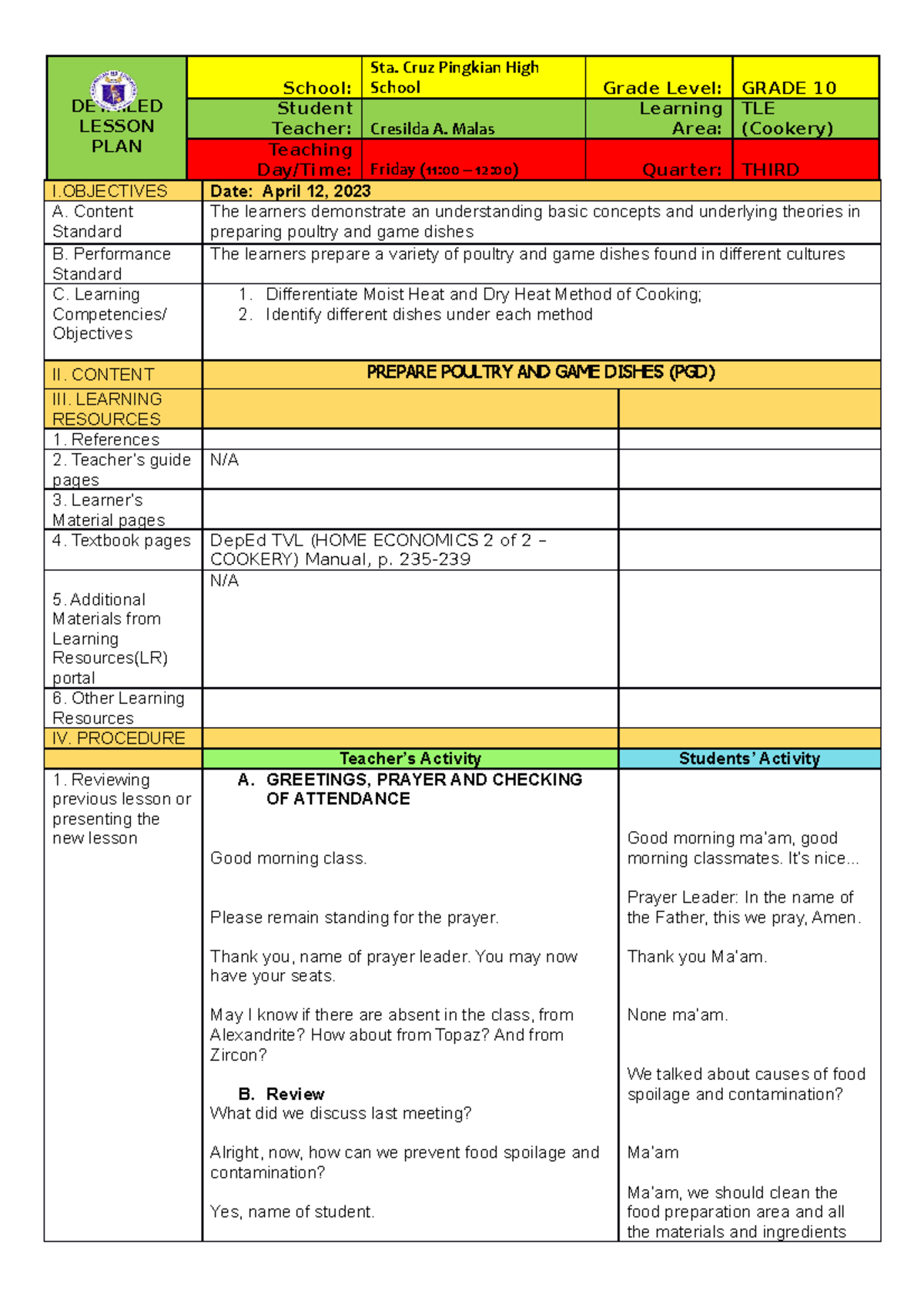 4. DLP on Poultry Cookery l - DETAILED LESSON PLAN School: Sta. Cruz ...