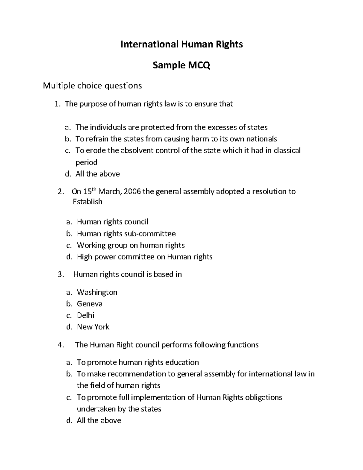 MCQ International Human Rights 1 - International Human Rights Sample ...
