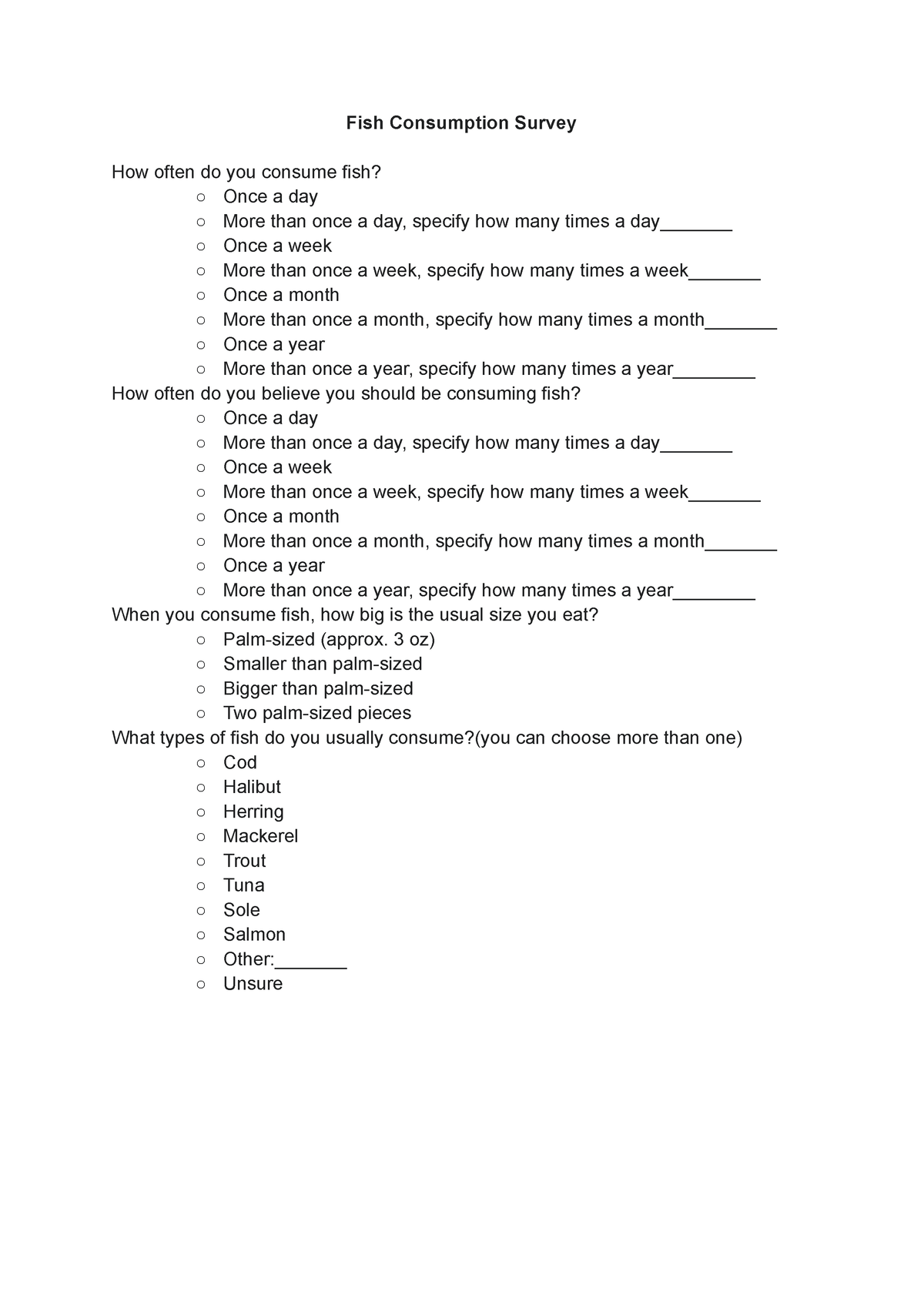 Assignment #3 Sarah Syeda 260983976 - Fish Consumption Survey How often ...