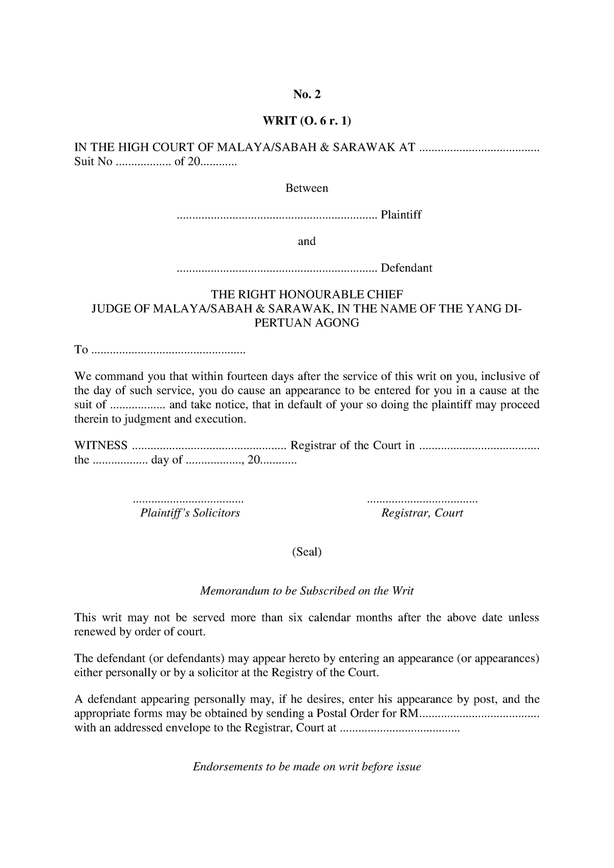 Writ-Form 2 CIVIL PROCEDURE I - Faculty of Law - MMU - Studocu