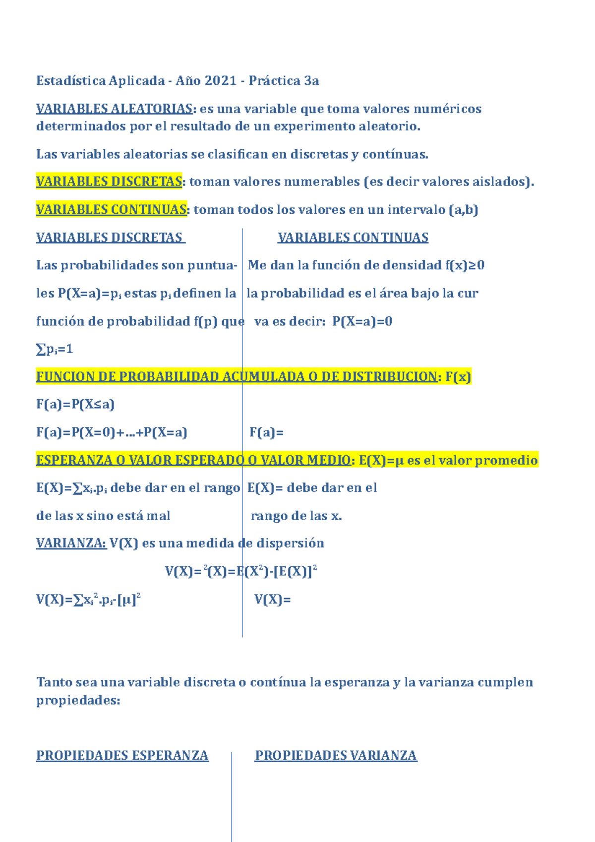 Práctica 3a - variables aleatorias, discretas, continuas; funcion de ...