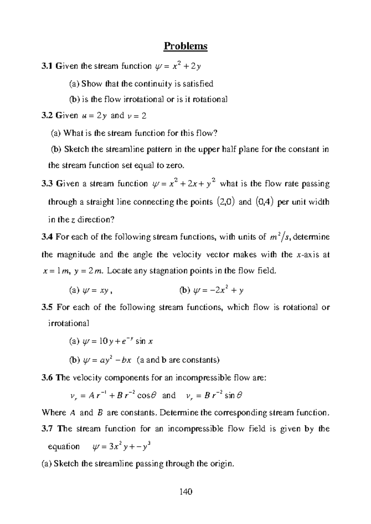 Sheet ch 3 Questions Problems 3 Given the stream function x 2 2 y