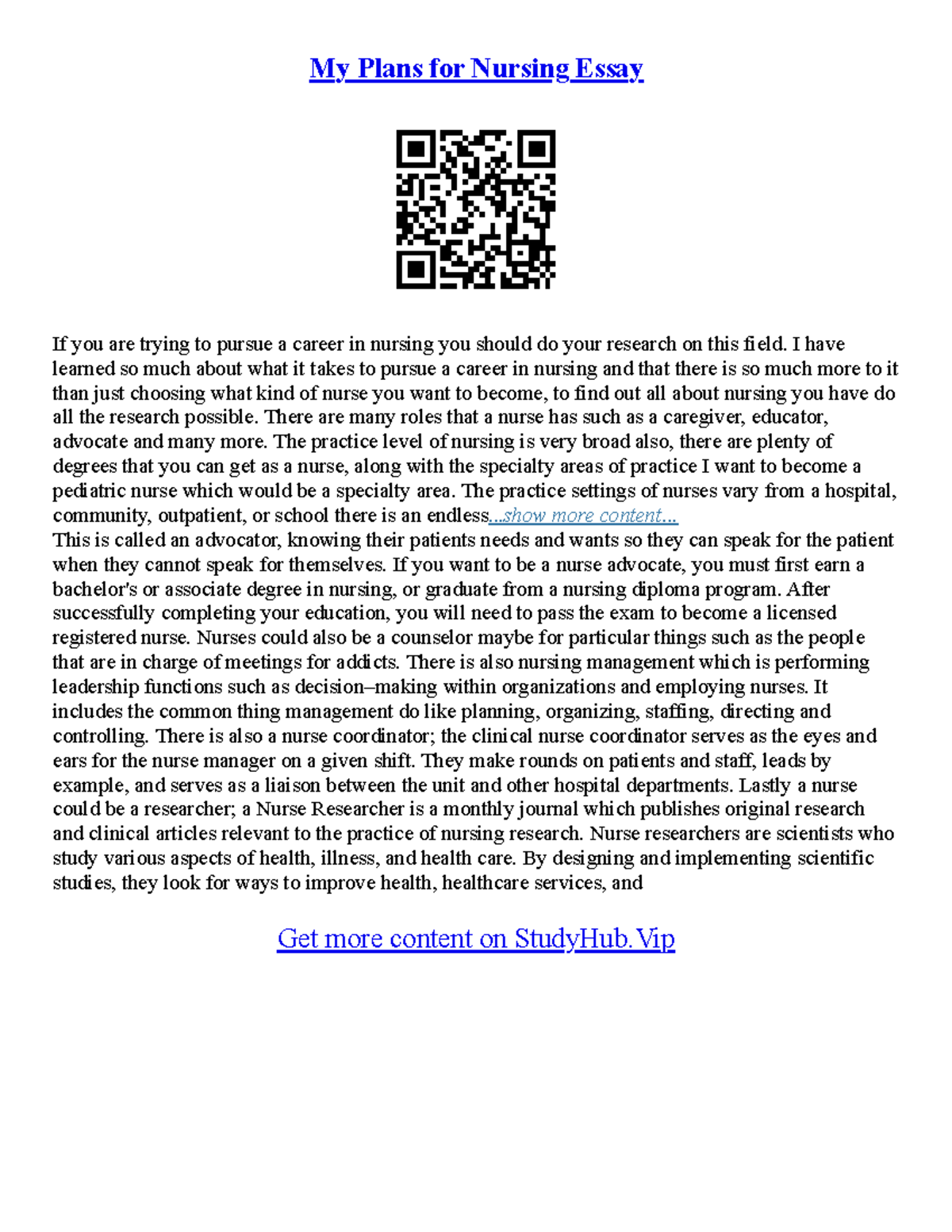 Nursing School Essay Samples - My Plans for Nursing Essay If you are ...