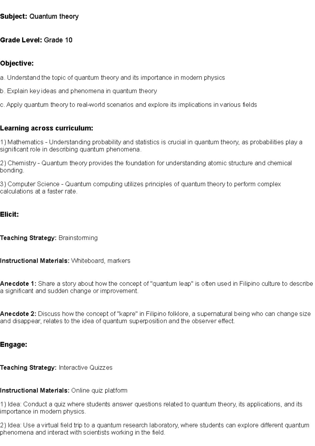 Lesson plan guide - Research the concept of superposition - Subject ...