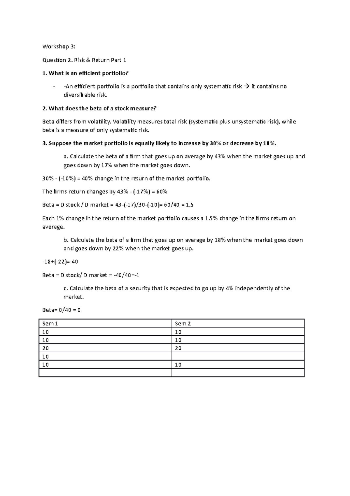 Workshop 3, lecture notes - Workshop 3: Question 2. Risk & Return Part ...