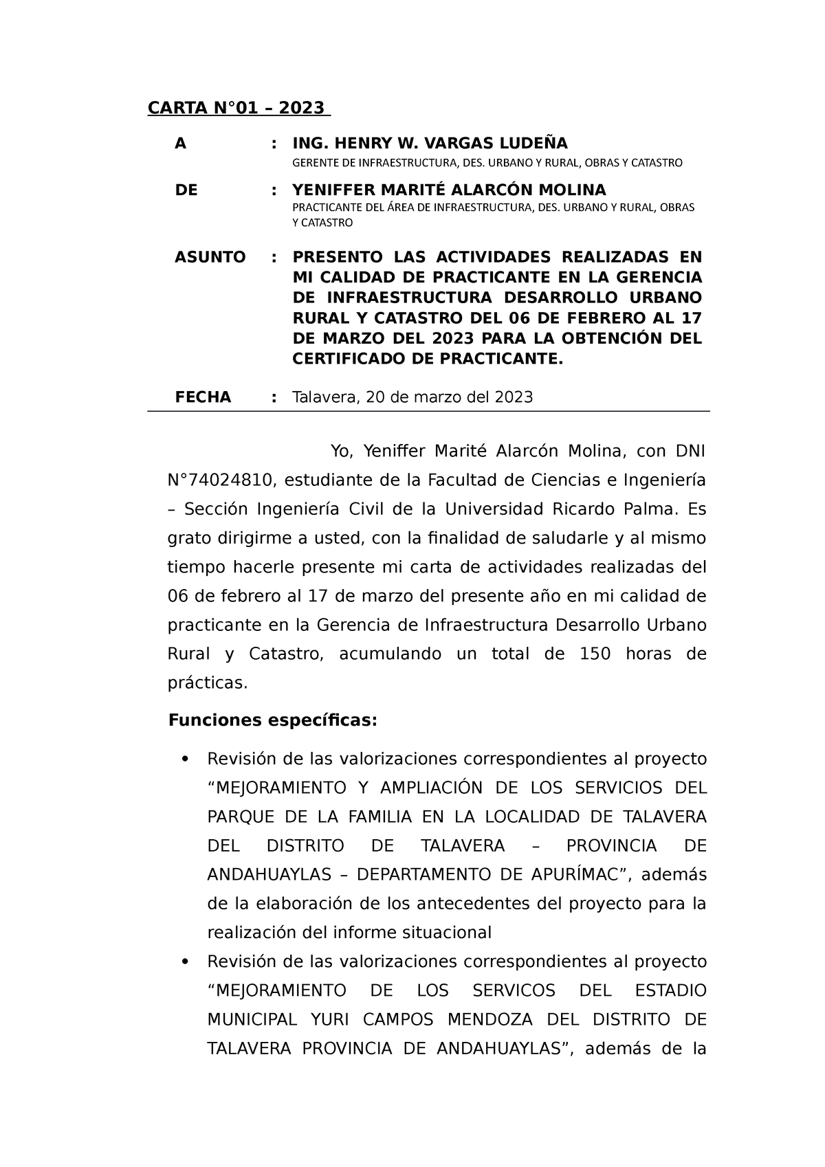 Solicitud de certificado de prácticas Alarcón - CARTA N°01 – 2023 A ...