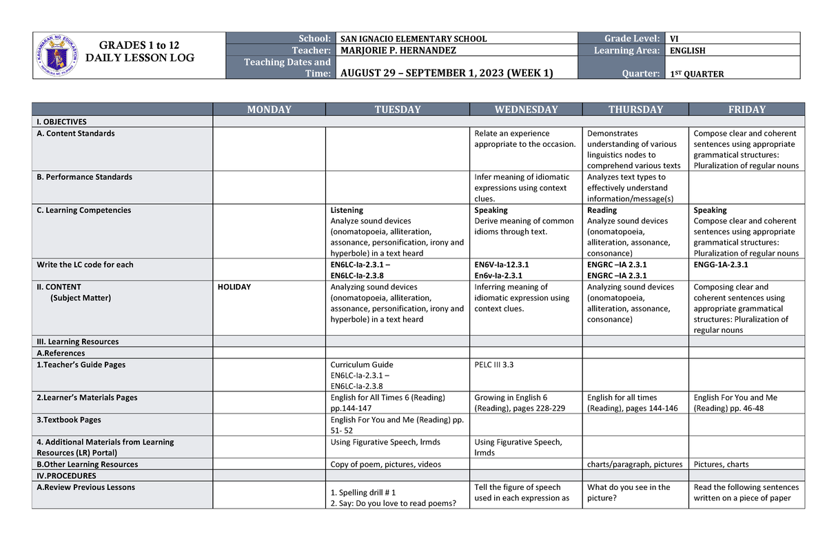 DLL English 6 Q1 W1 - Dll - GRADES 1 To 12 DAILY LESSON LOG School: SAN ...