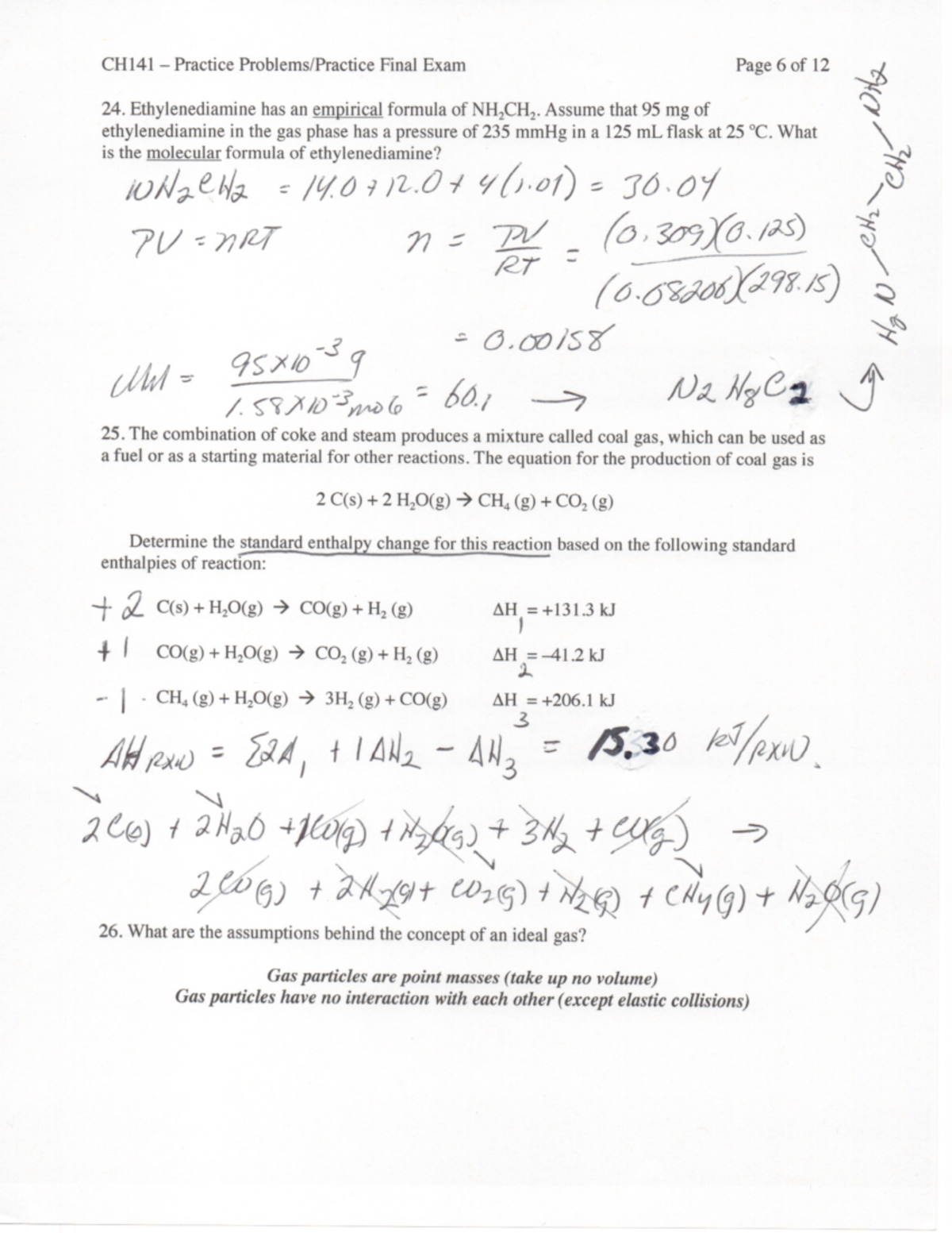 CH141 Practice Final Key II 1 - CHEM-C 483 - Studocu