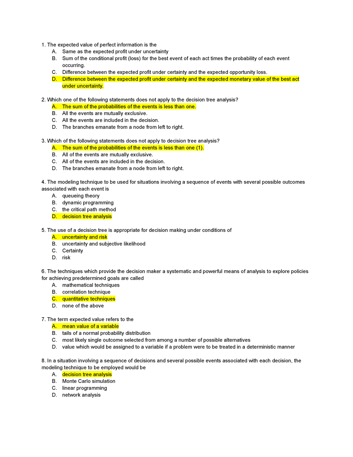 Bonus QUIZ KEY - practice purposes - The expected value of perfect ...