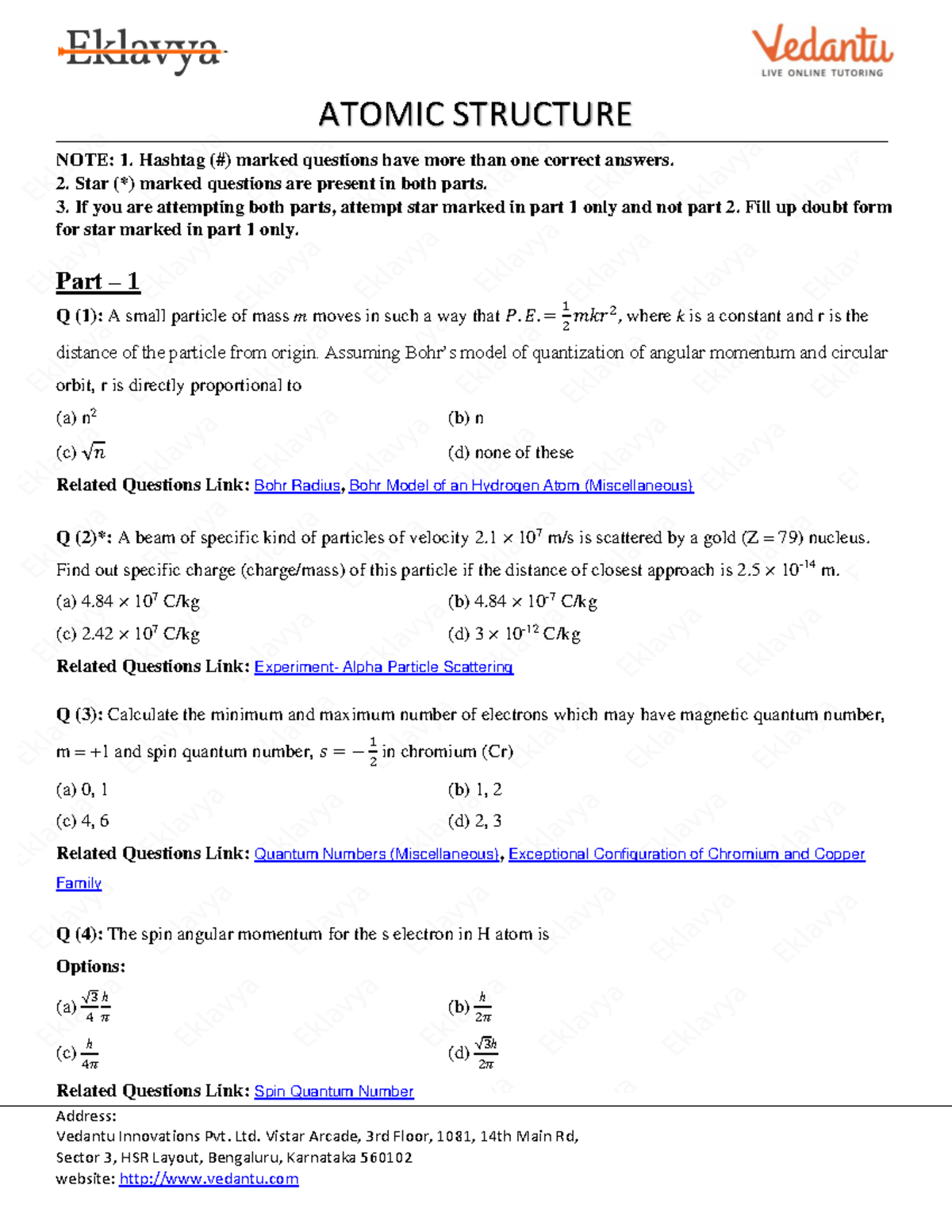 Atomic Structure Eklavya(Q) - New Format - Address: Vedantu Innovations ...