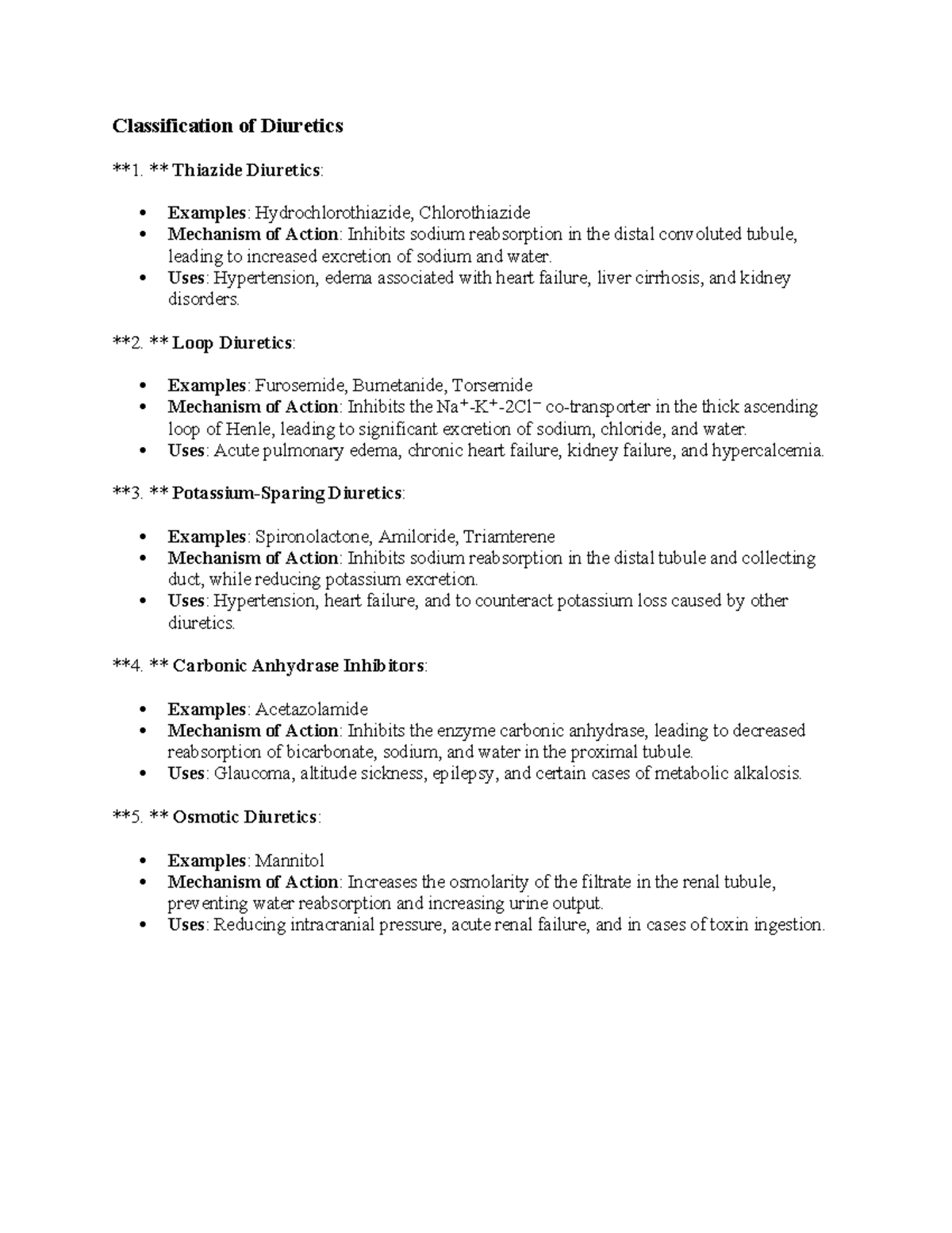 Classification of Diuretics - ** Thiazide Diuretics: Examples ...