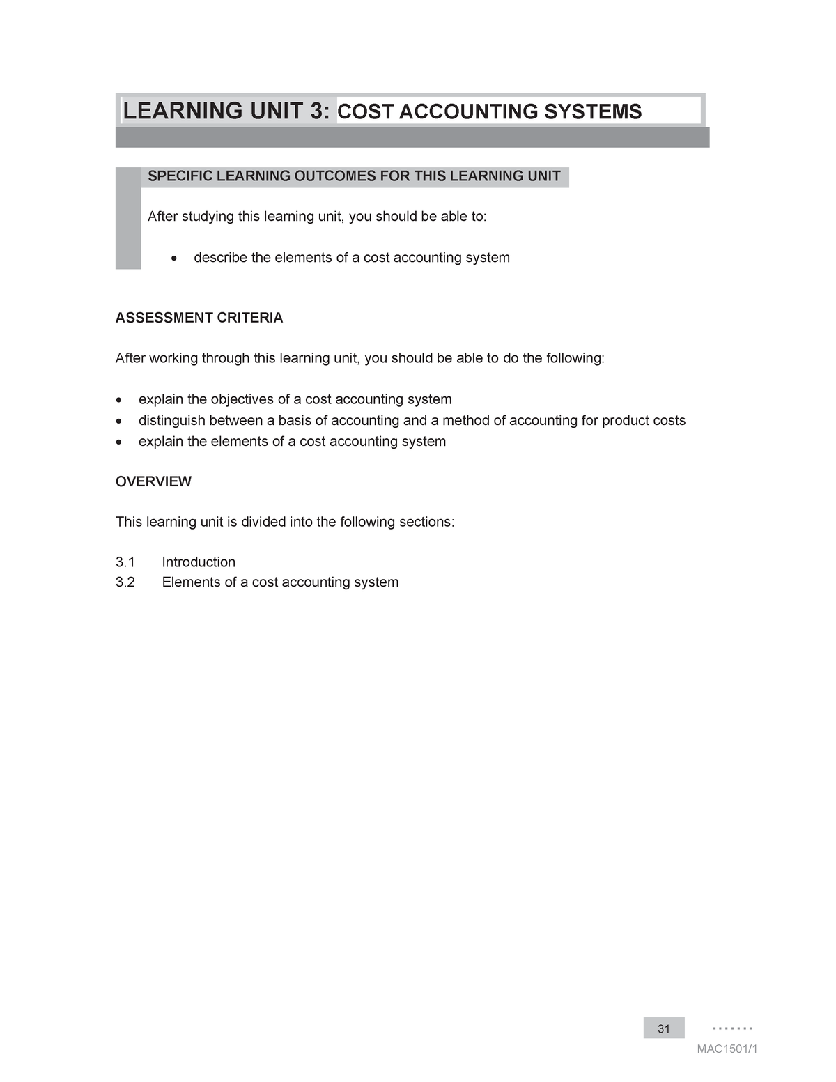 Learning Unit 3 - Cost Accounting System - ....... MAC1501/ 31 LEARNING ...