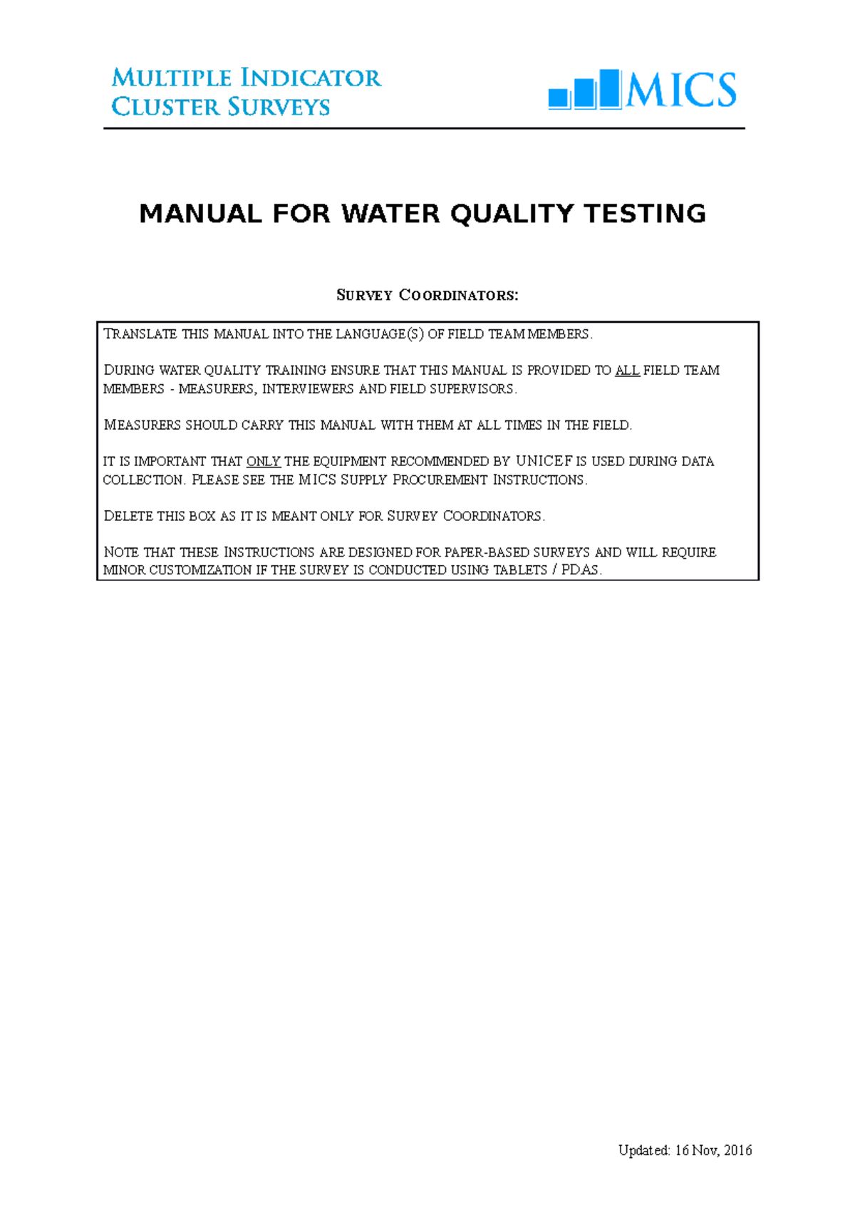 MICS Manual for Water Quality Testing 2016 1116 MANUAL FOR WATER