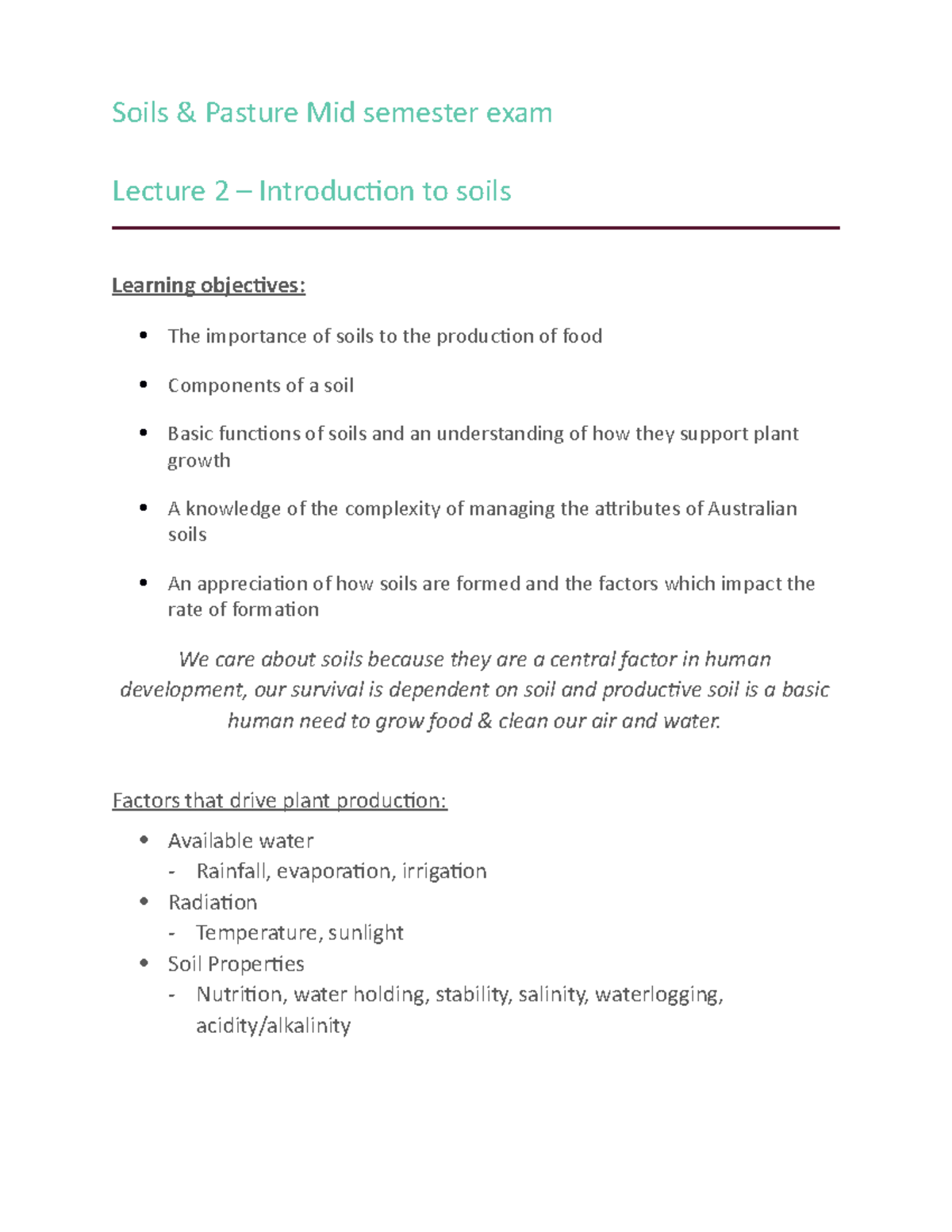 Soils Mid semester exam Soils & Pasture Mid semester exam Lecture 2