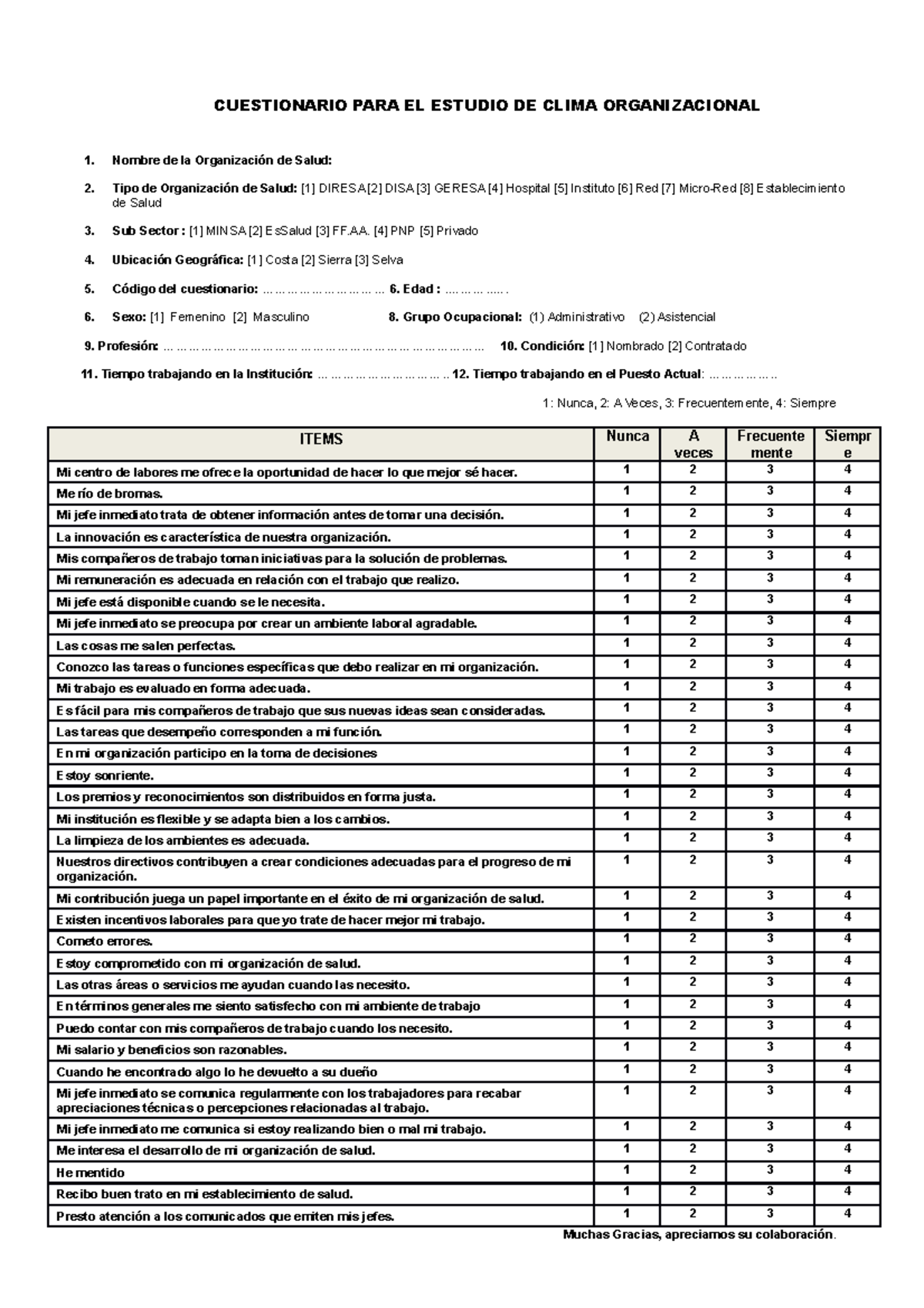 Cuestionario Clima - CUESTIONARIO PARA EL ESTUDIO DE CLIMA ...