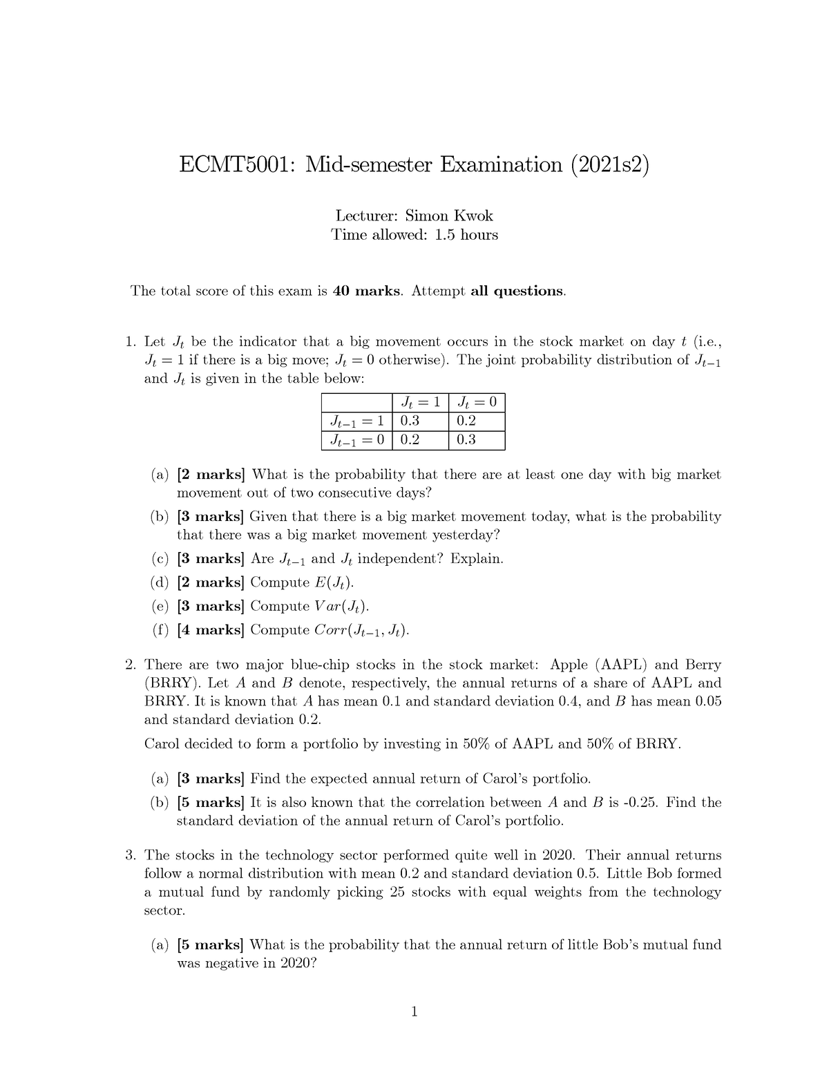 Mid Semester 2021 Exam Questions - ECMT5001: Mid-semester Examination ...