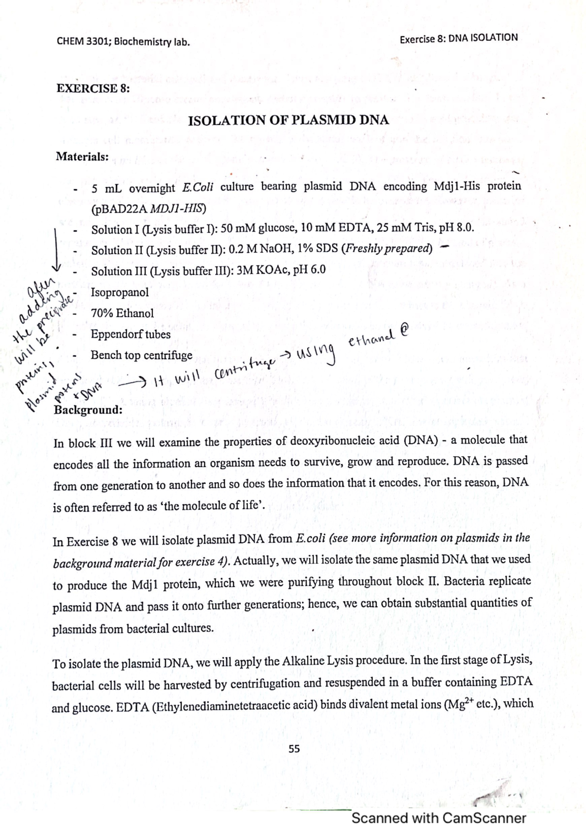 Lab8 - lab report - CHEM Biochemistry lab. Exercise 8: DNA ISOLATION ...