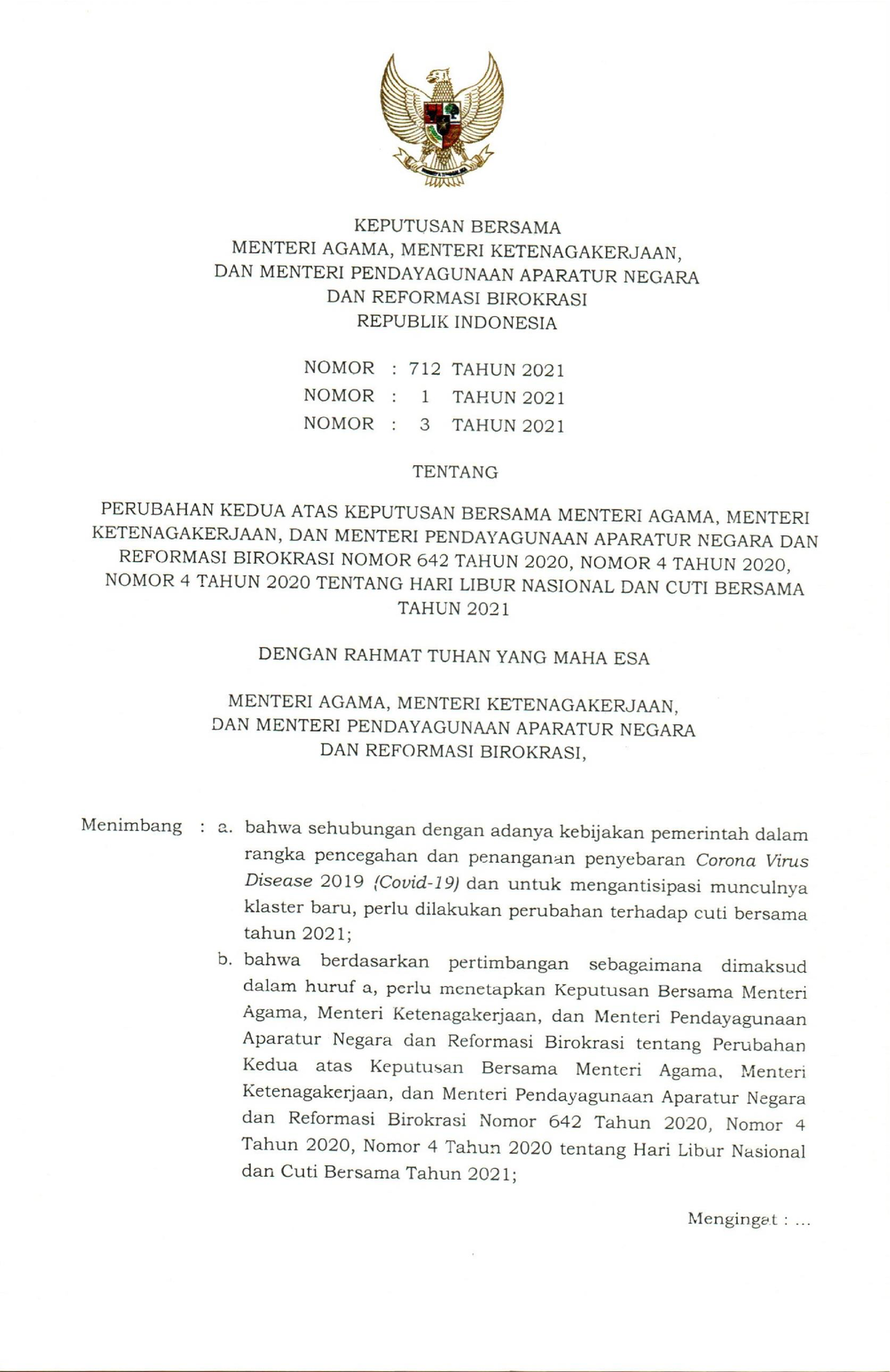 SKB 3 Menteri Tentang Perubahan Kedua Libur Nasional Dan Cuti Bersama ...