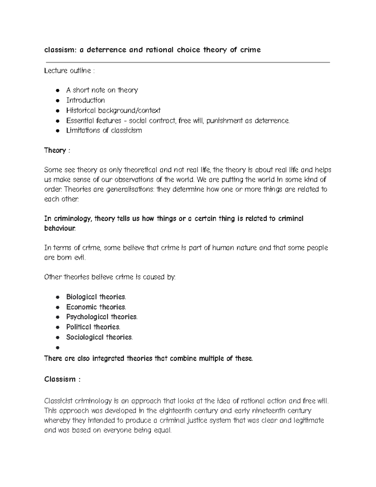 Classism week 2 lecture notes - classism: a deterrence and rational ...