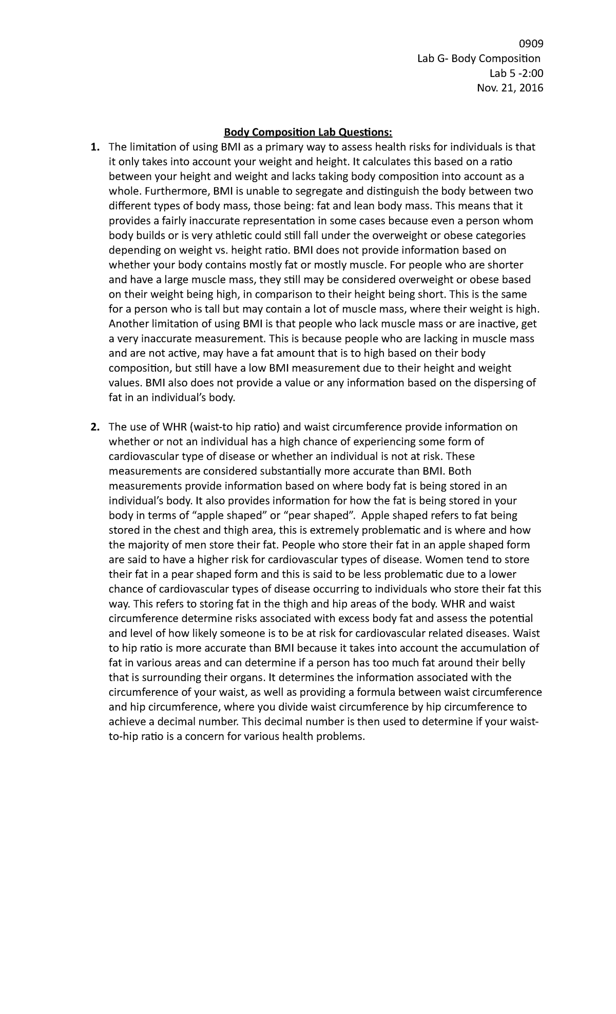Kinesiology Lab G Body Composition 0909 Lab G Body Composition Lab