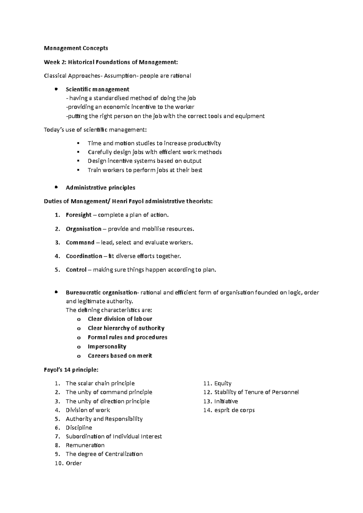 Week 2 notes - Management Concepts Week 2: Historical Foundations of ...
