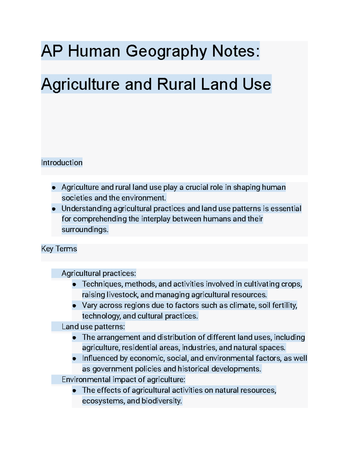 Agriculture And Rural Land Use AP Human Geography Notes Agriculture 