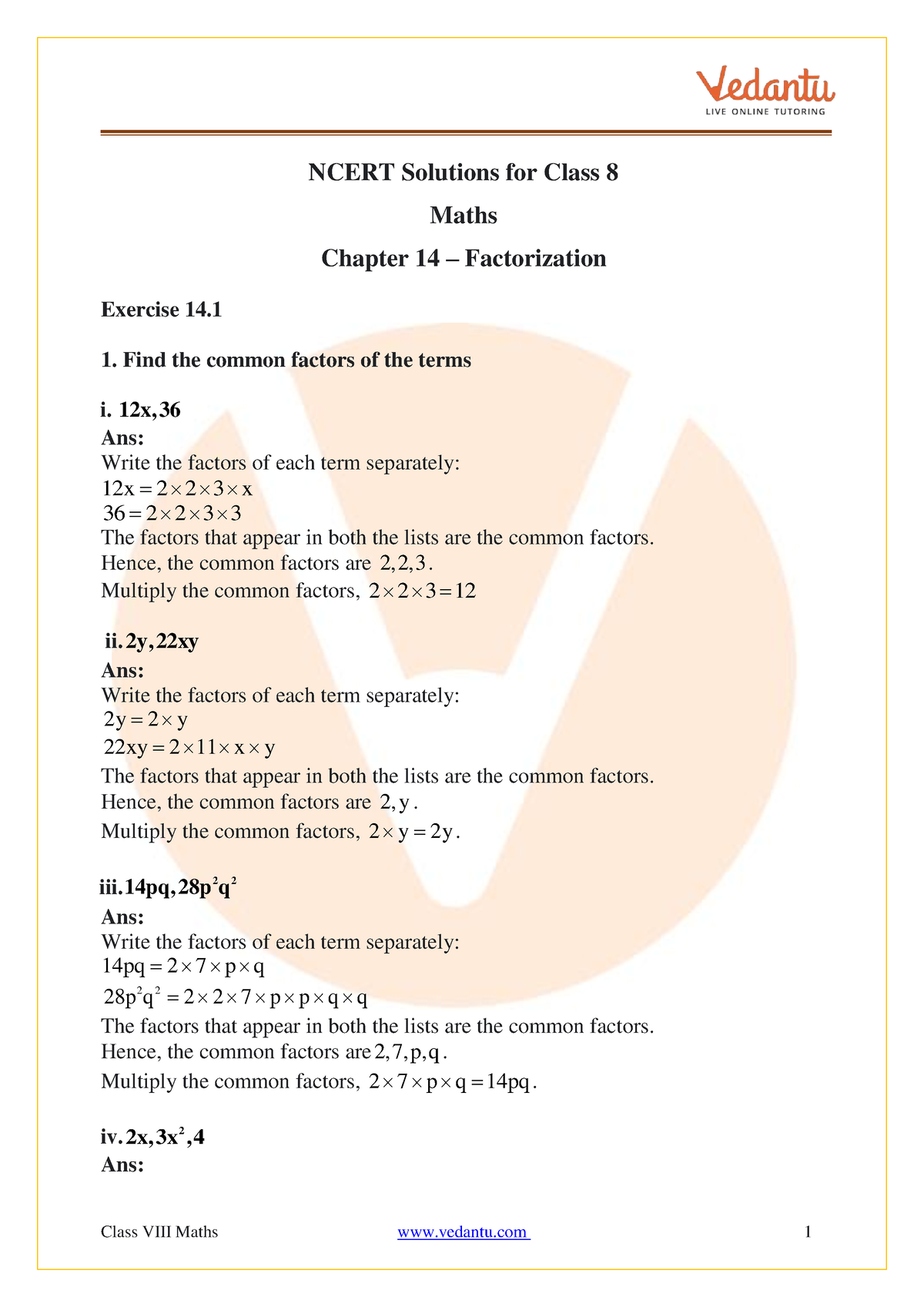 Factorisation Notes Ncert Solutions For Class Maths Chapter Factorization Exercise