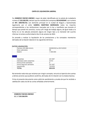 Carta DE Liquidacion Laboral Kimberly - CARTA DE LIQUIDACION LABORAL Yo,  KIMBERLY ENCISO JIMENEZ, - Studocu