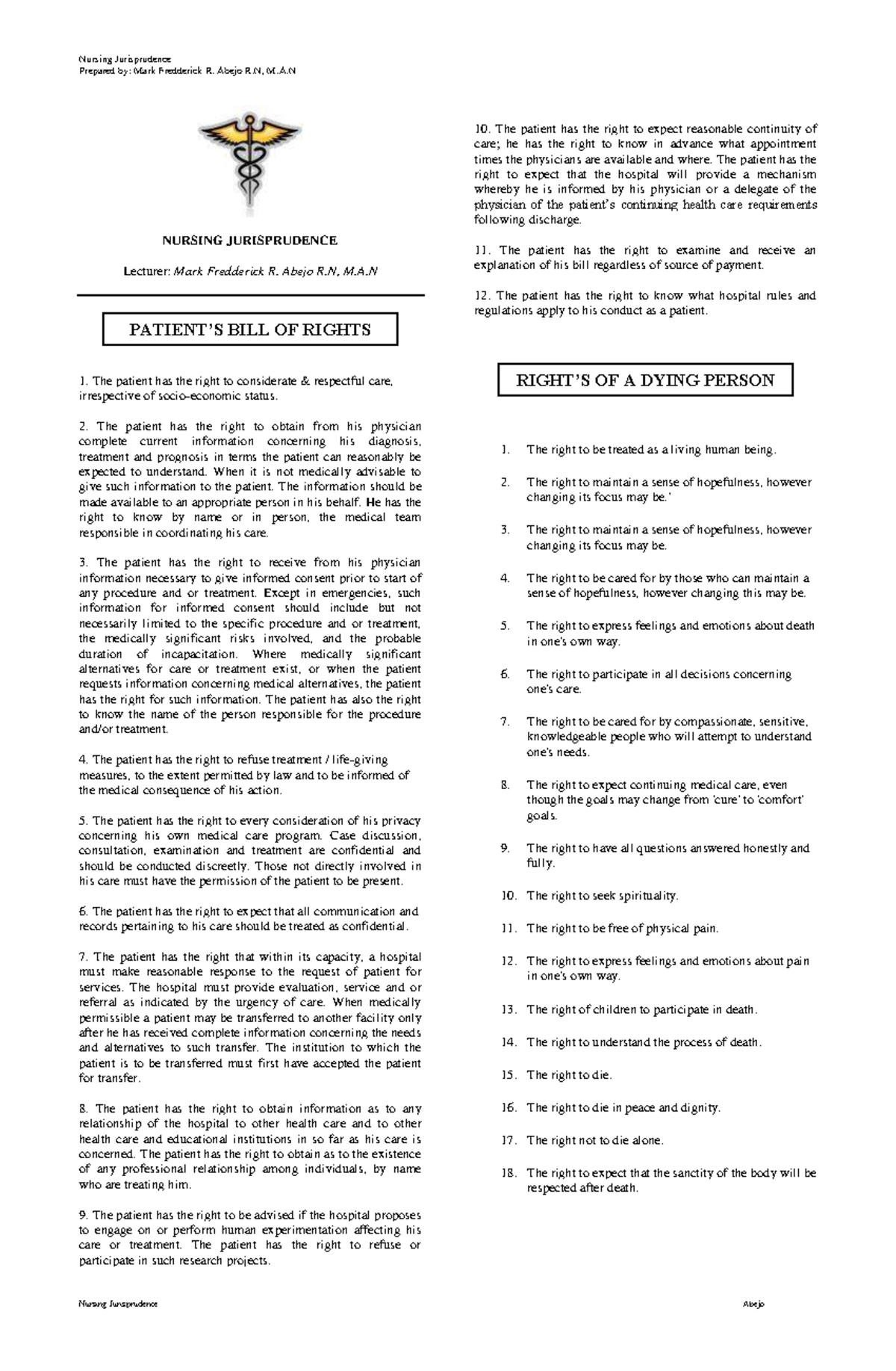 BILL OF Rights - read - Nursing Jurisprudence Prepared by: Mark ...