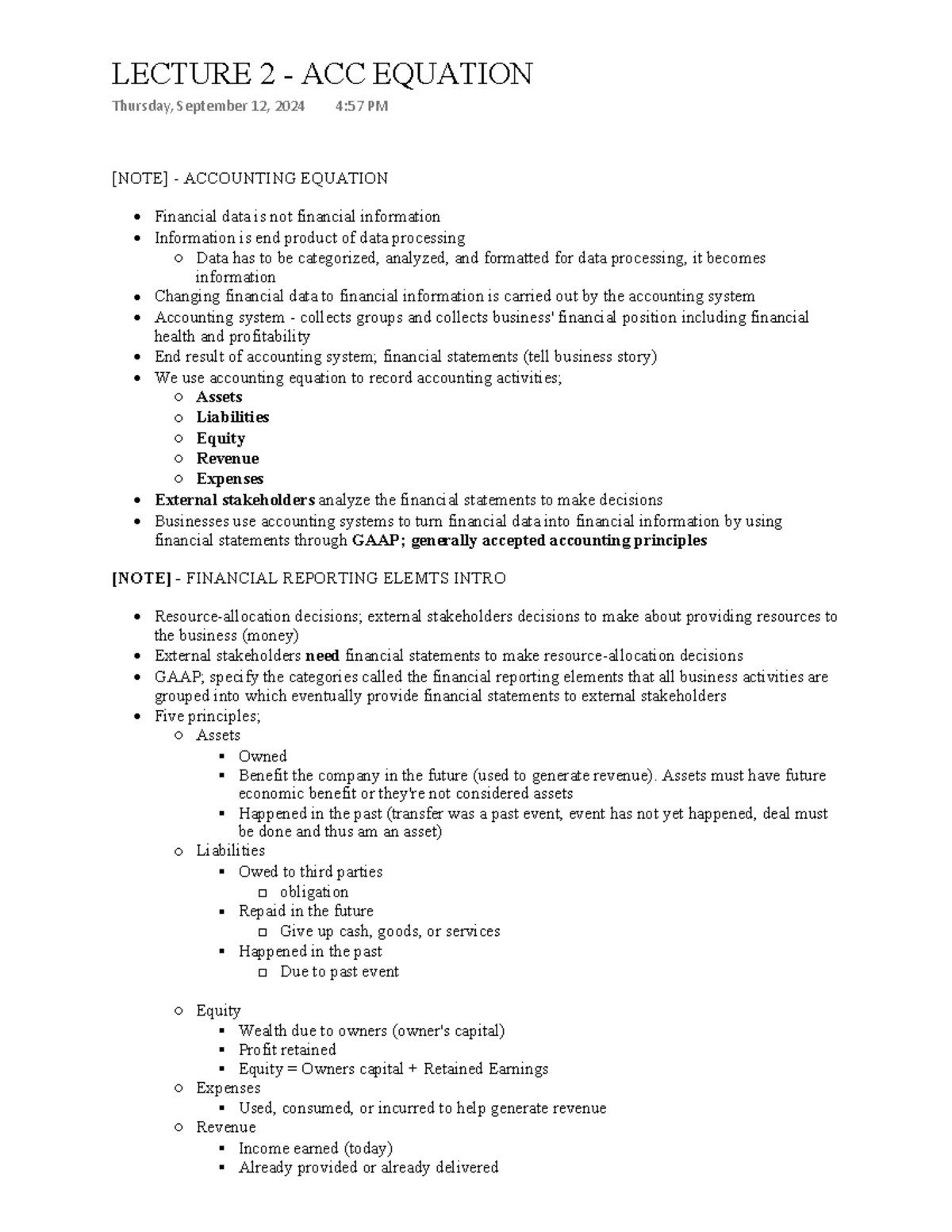 Acc100 ch2 note none [NOTE] ACCOUNTING EQUATION Financial data is