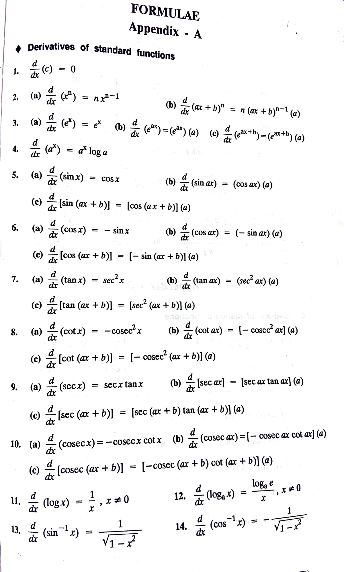 Formula - FORMULAE Appendix - A Derivatives of stand d ard functions 1 ...