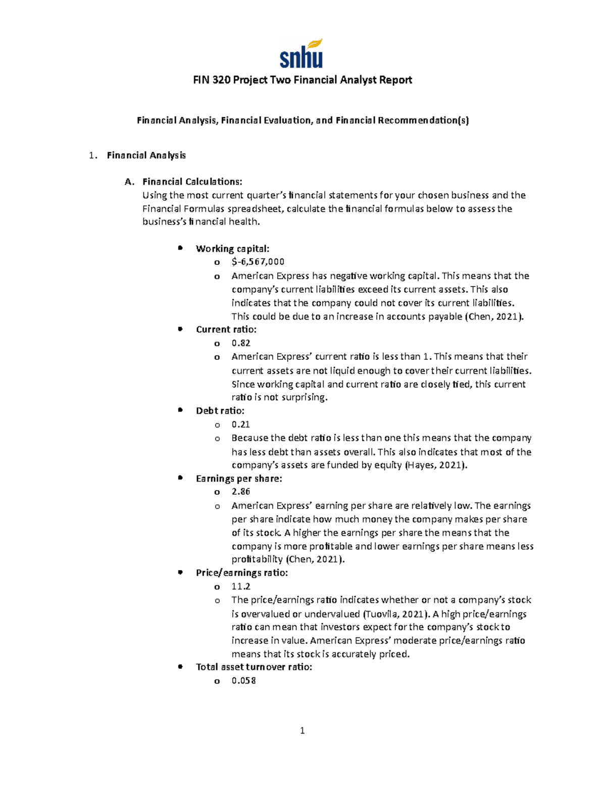 FIN 320 Project Two Financial Analyst Report - Financial Analysis A ...