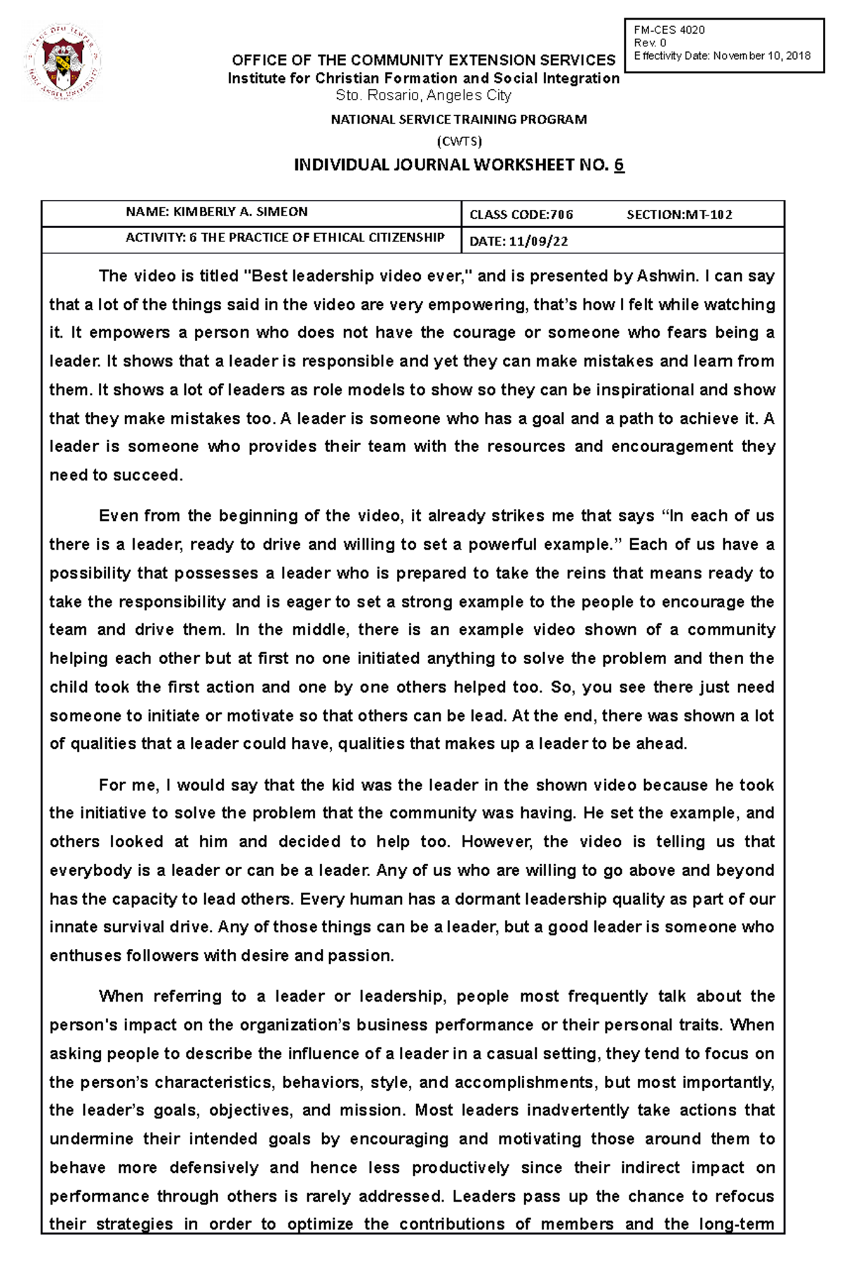 Crf - scscs - NATIONAL SERVICE TRAINING PROGRAM (CWTS) INDIVIDUAL ...