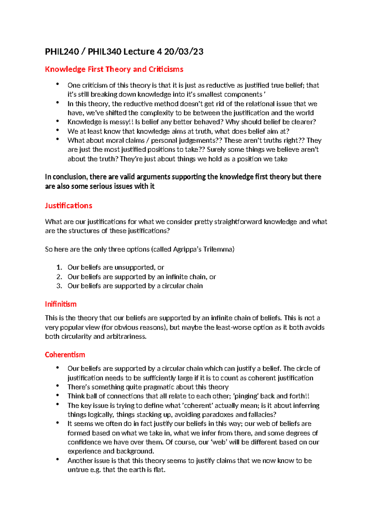 Lecture 4 Notes - PHIL240 / PHIL340 Lecture 4 20/03/ Knowledge First ...