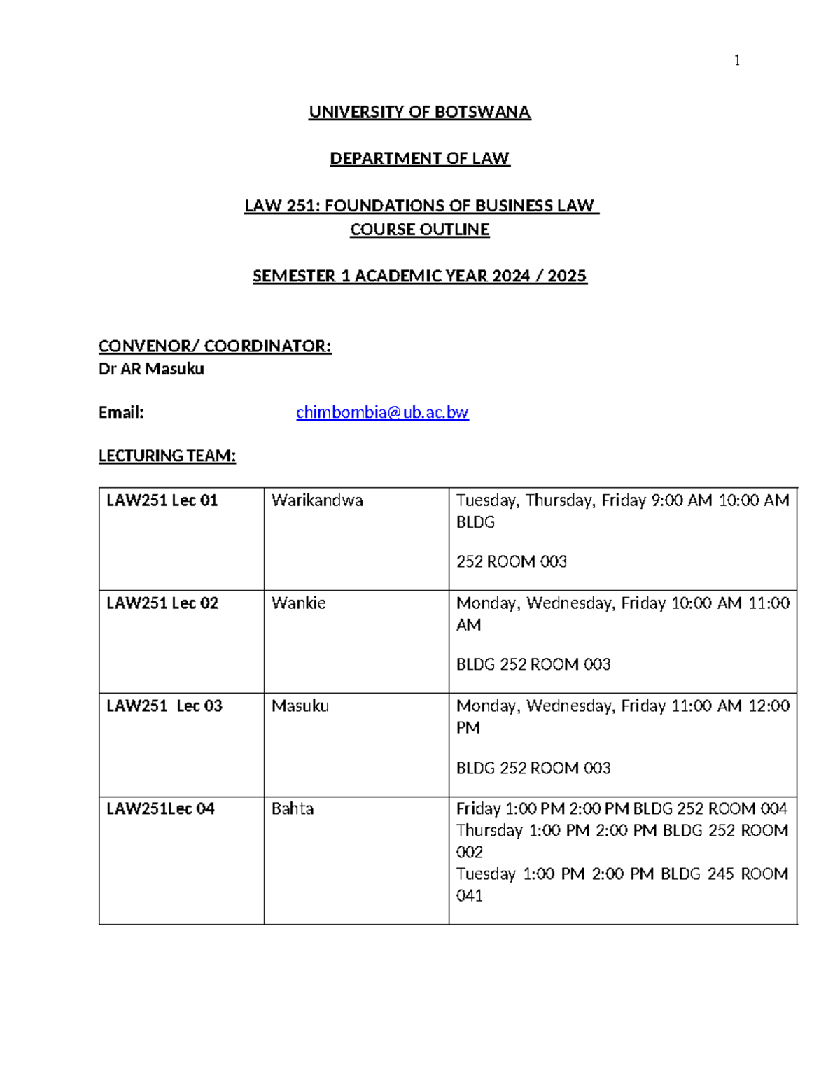 Law 251-Course Outline 2024-25-I - UNIVERSITY OF BOTSWANA DEPARTMENT OF ...