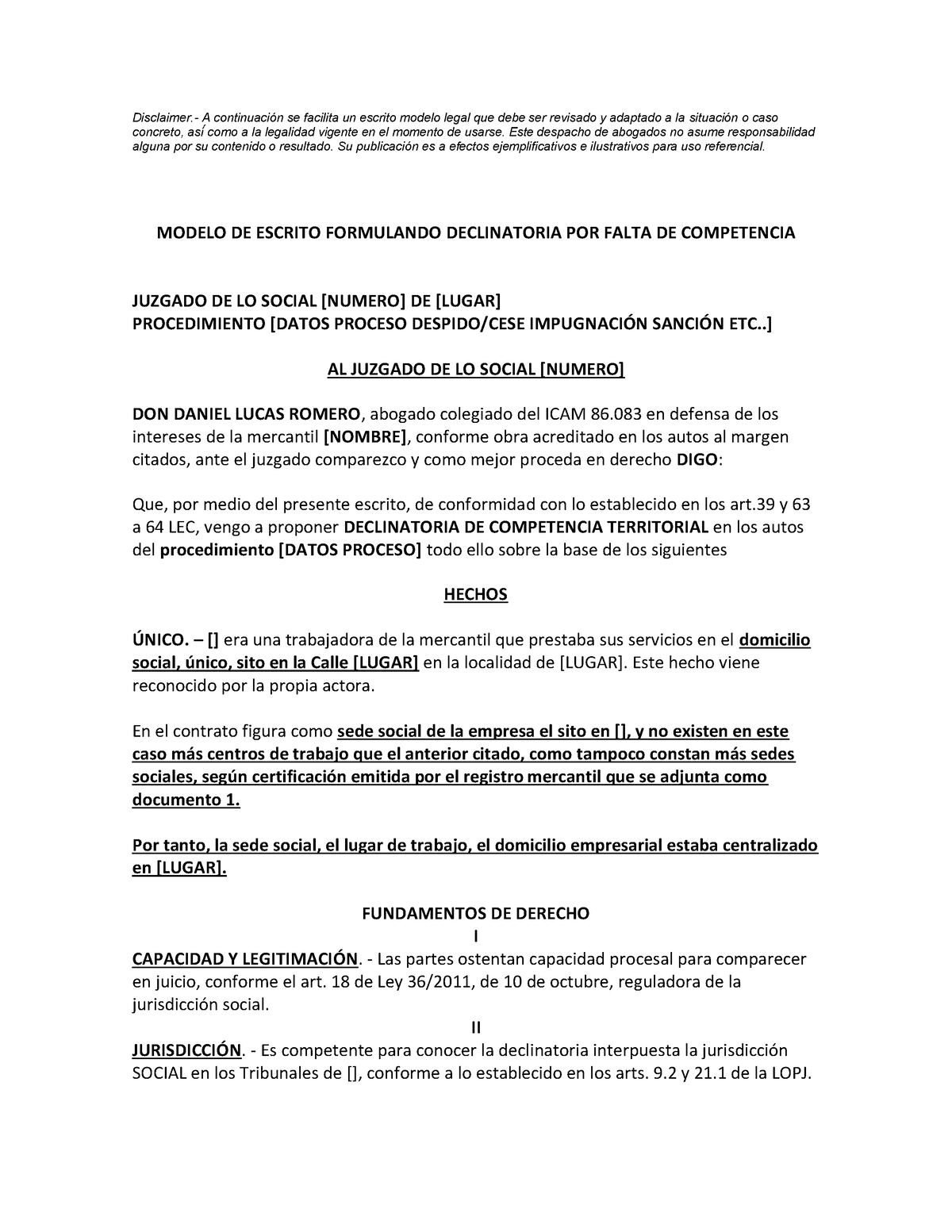 Modelo Competencia Declinatoria  A continuación se facilita  un escrito modelo legal - Studocu