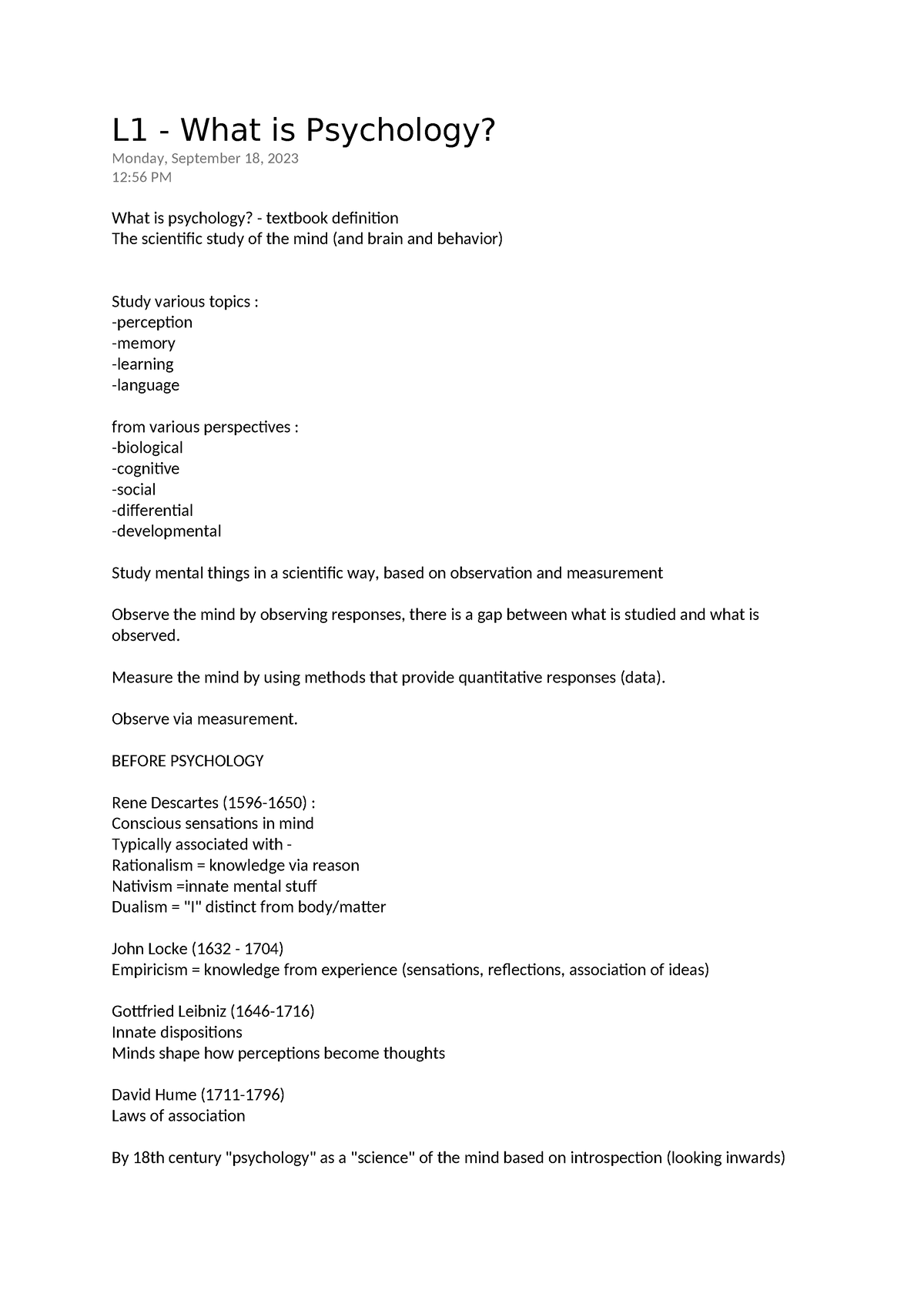 L1 - What is Psychology - lecture 1 notes - L1 - What is Psychology ...