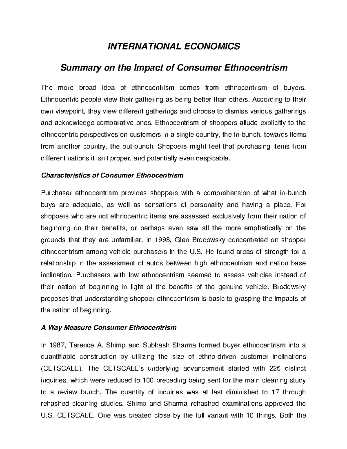 Summary on the Impact of Consumer Ethnocentrism - INTERNATIONAL ...