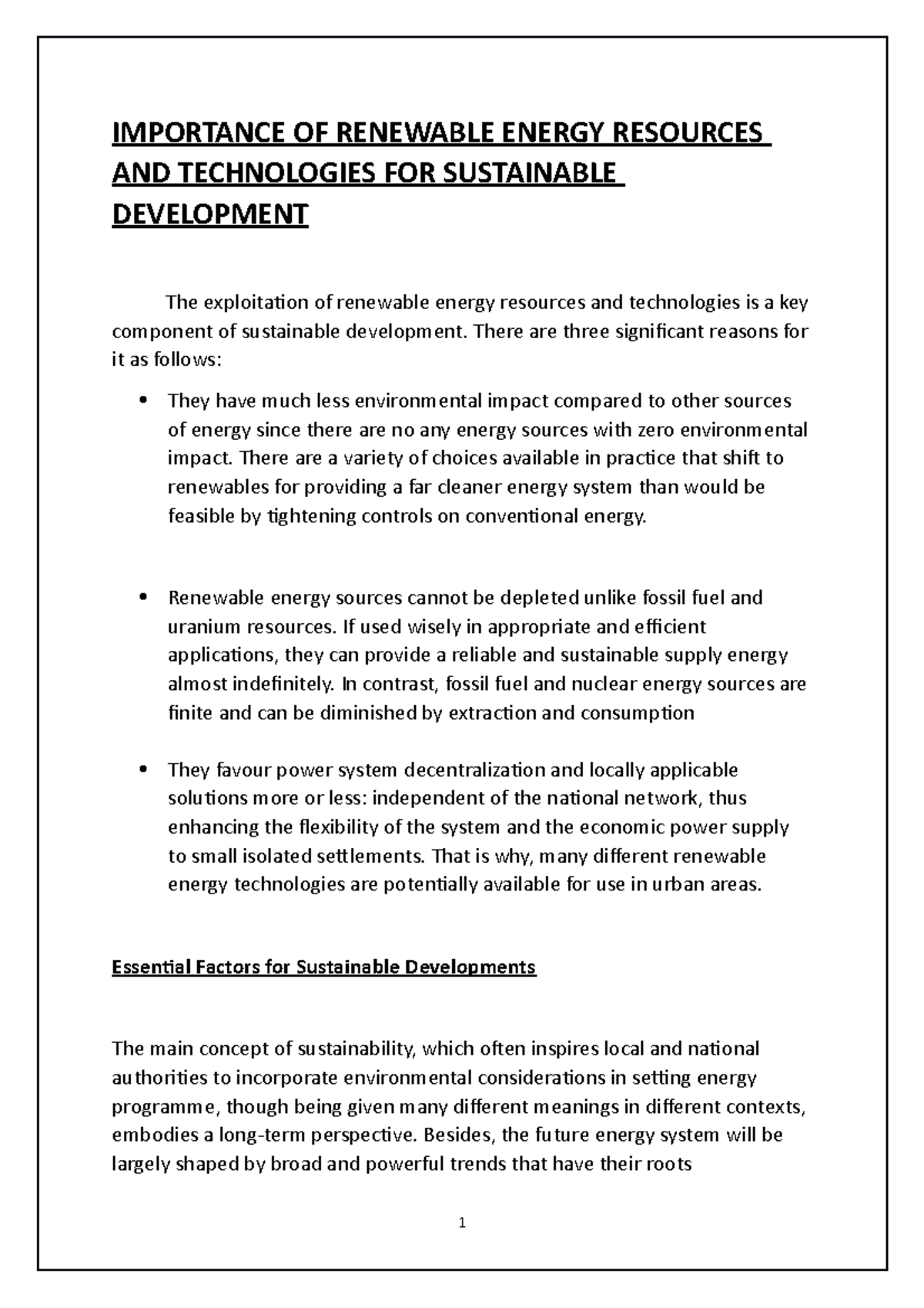 Importance OF Renewable Energy Resources AND Technologies FOR ...