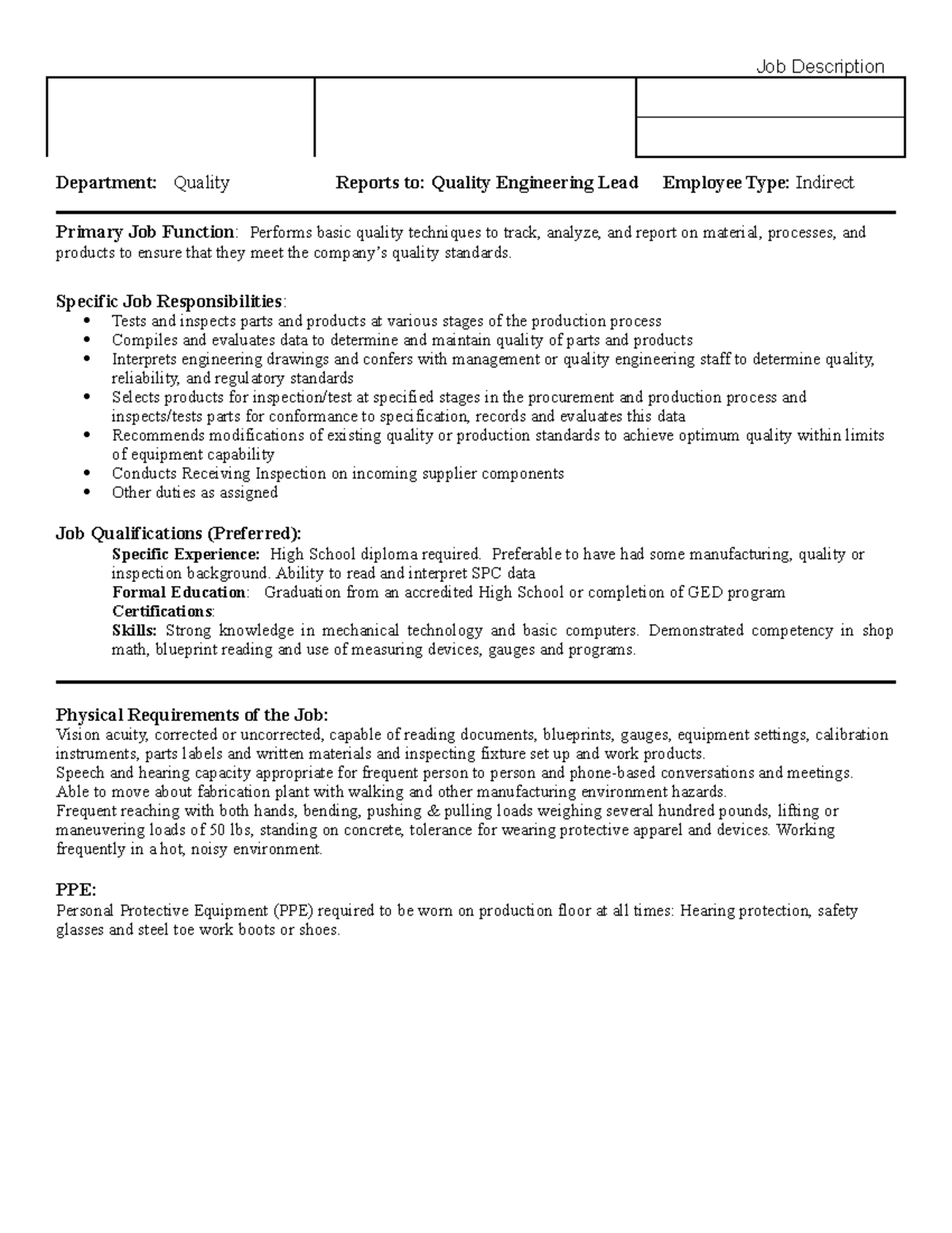 Quality Inspector Notes Job Description Department Quality Reports
