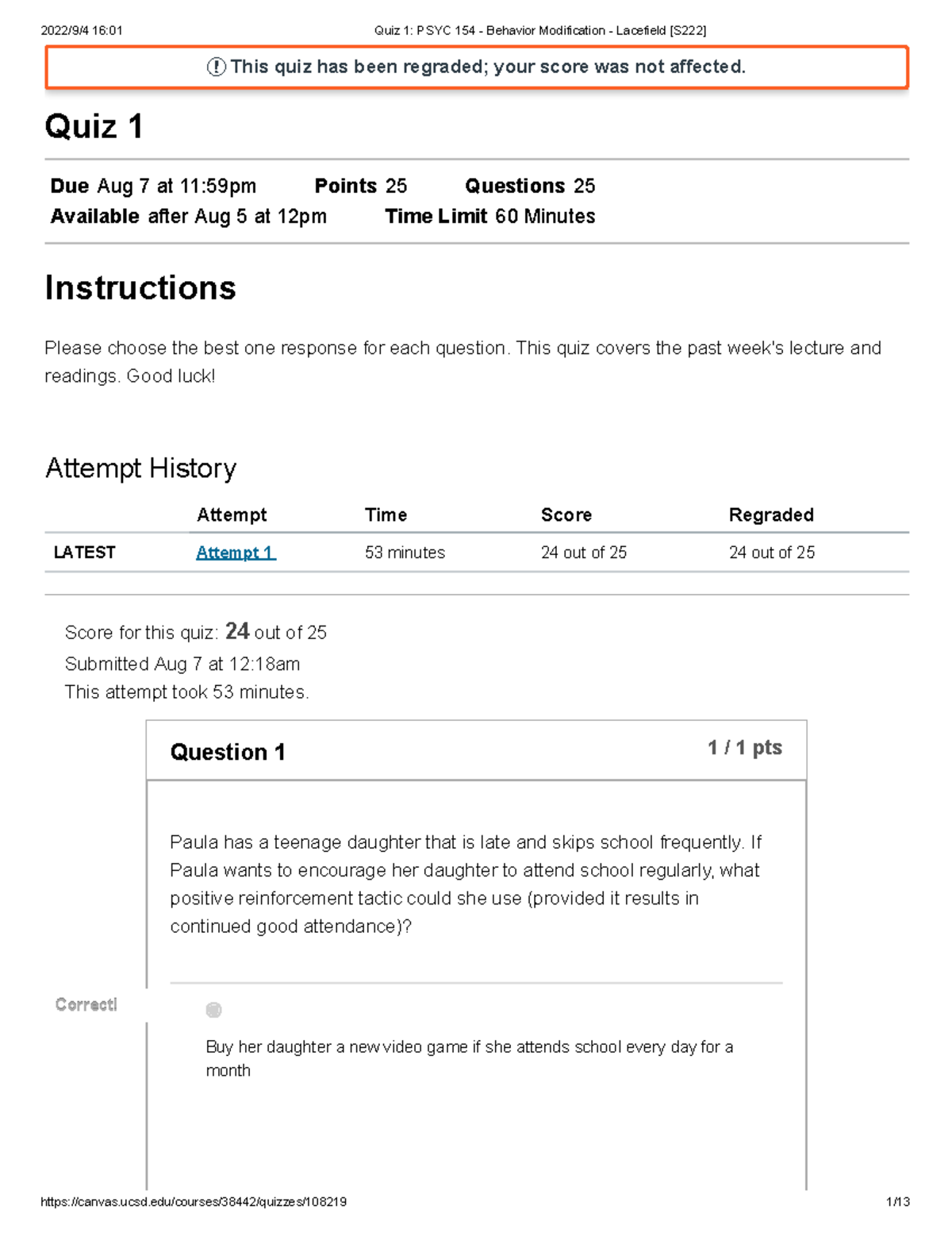 Quiz 1 PSYC 154 Behavior Modification Lacefield [S222] This quiz