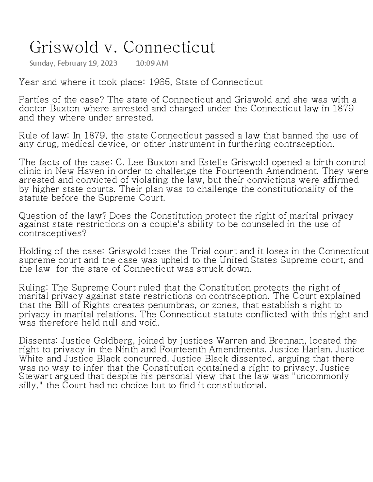 Griswold v. Connecticut Year and where it took place 1965, State of