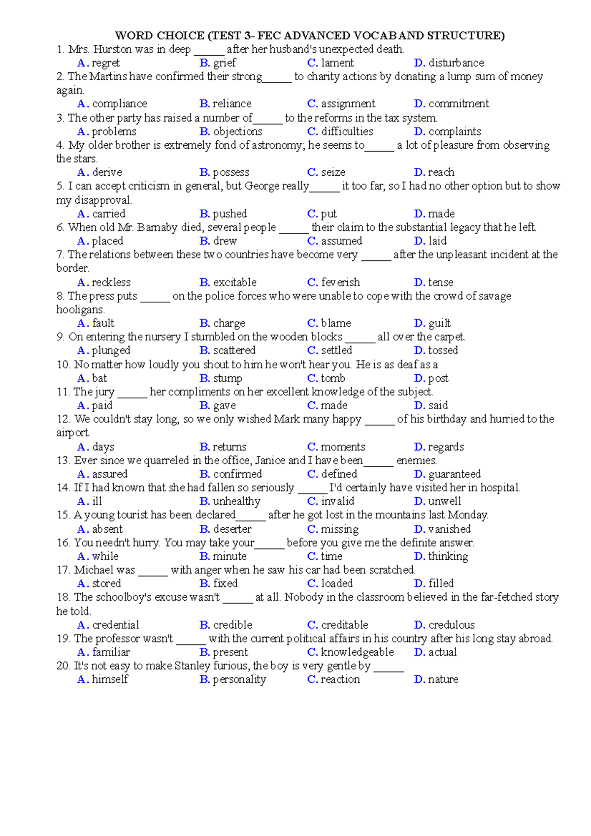 Test 3 Word choice Copy - Luyện tập tiếng anh - WORD CHOICE (TEST 3 ...