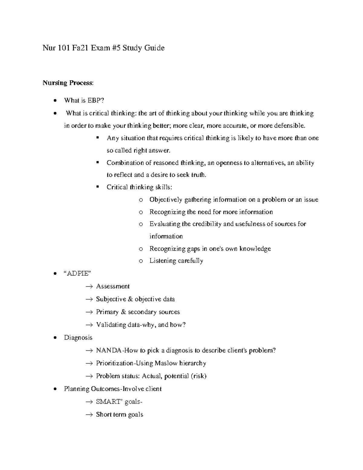 Exam 5 study guide - Nur 101 Fa21 Exam #5 Study Guide Nursing Process ...