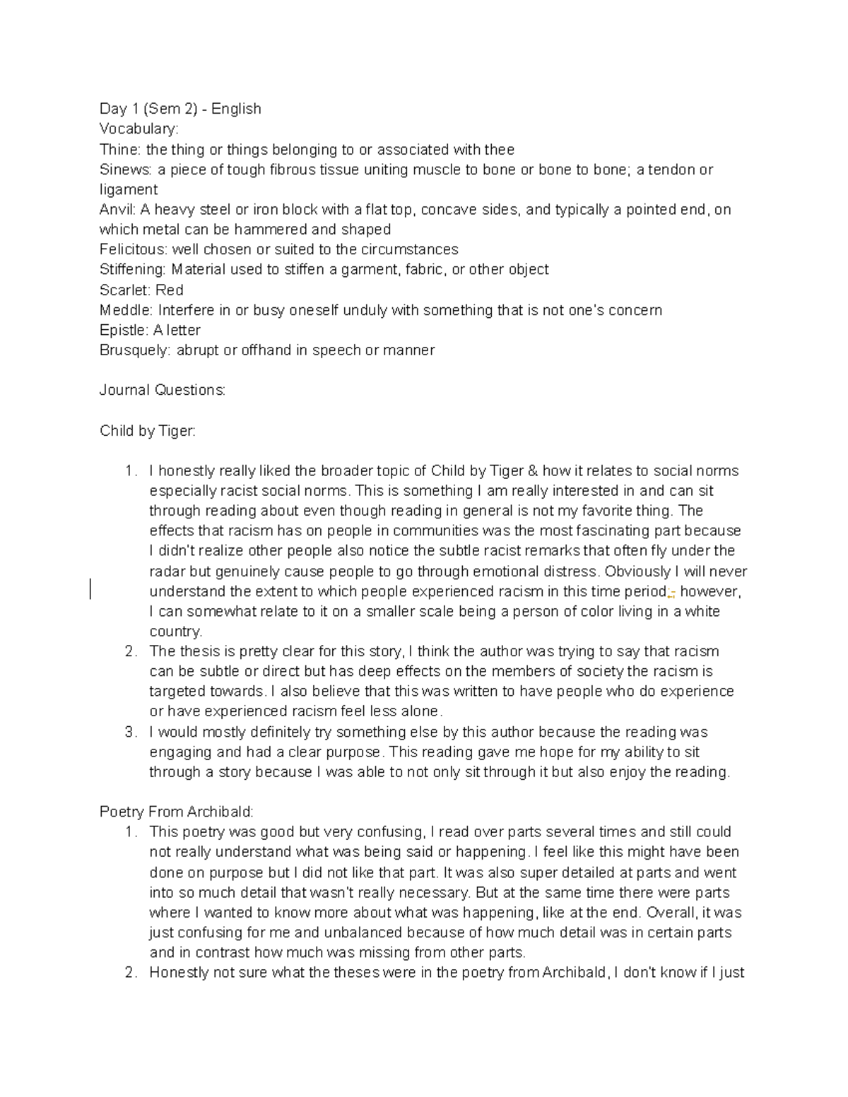 Day 1 (Sem 2) - English - This is class notes about the reading for ...