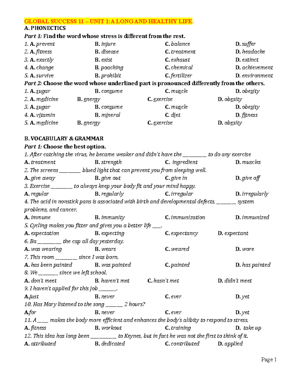 BAI TAP BO TRO UNIT 1 A LONG AND Healthy LIFE Global Success 11 - A ...