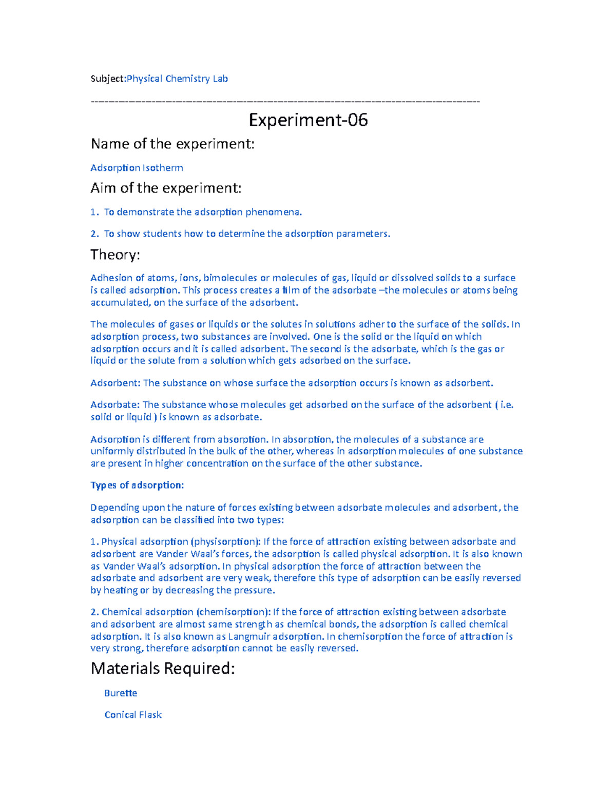 adsorption isotherm experiment