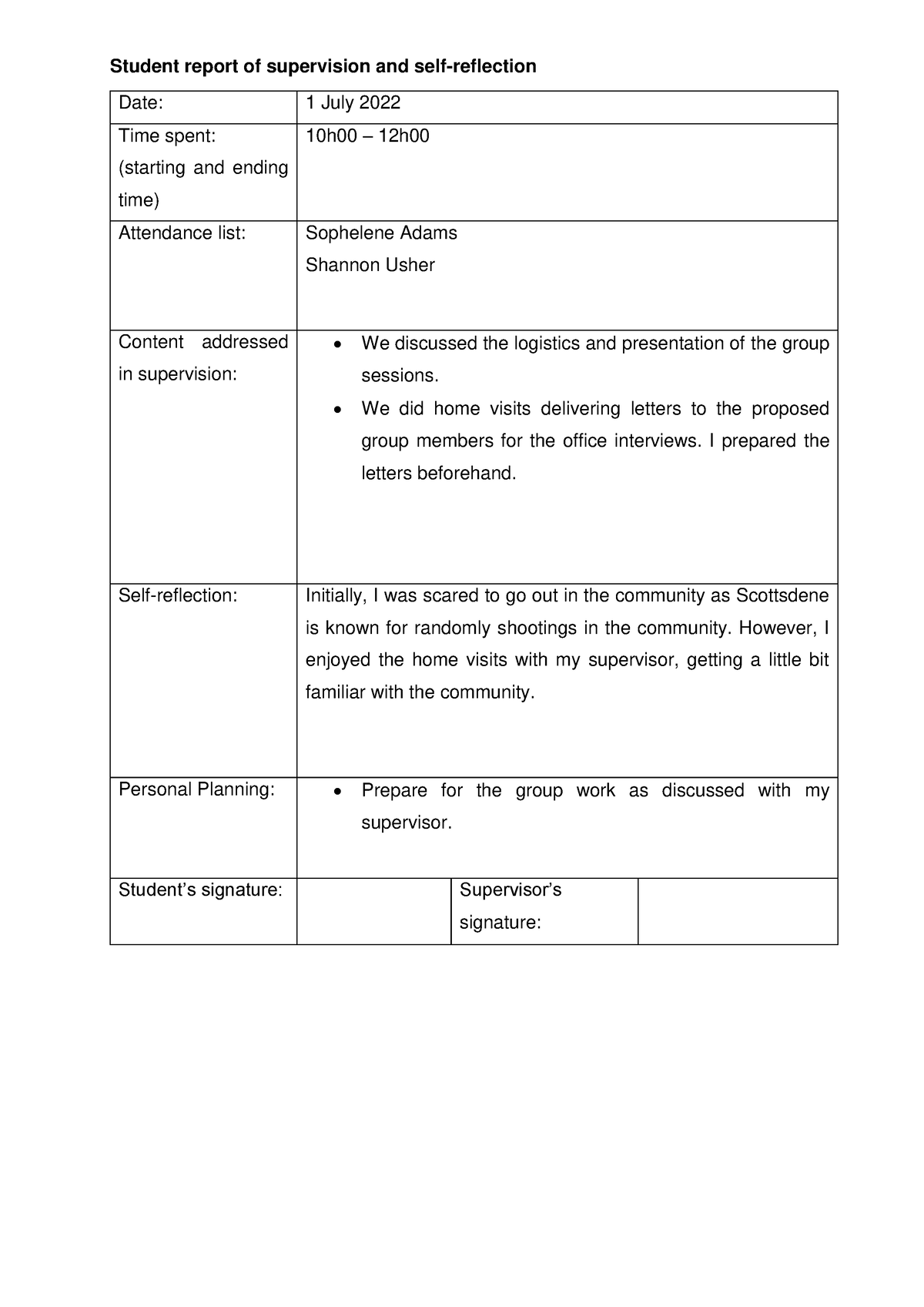 Student reports of supervision and self - Date: 1 July 2022 Time spent ...